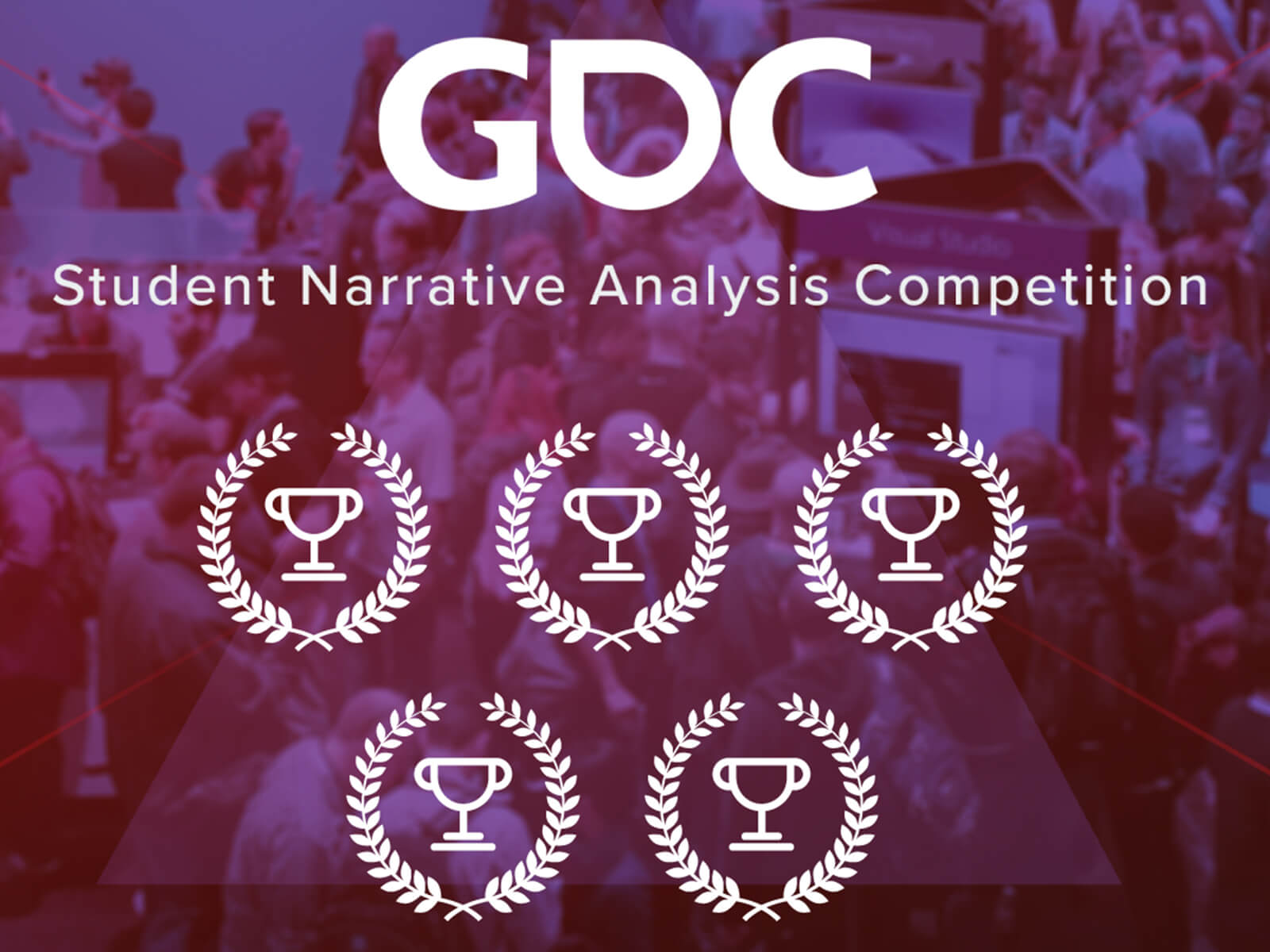 A scene from GDC with five award laurels on top and the words “GDC Student Narrative Analysis Competition.”