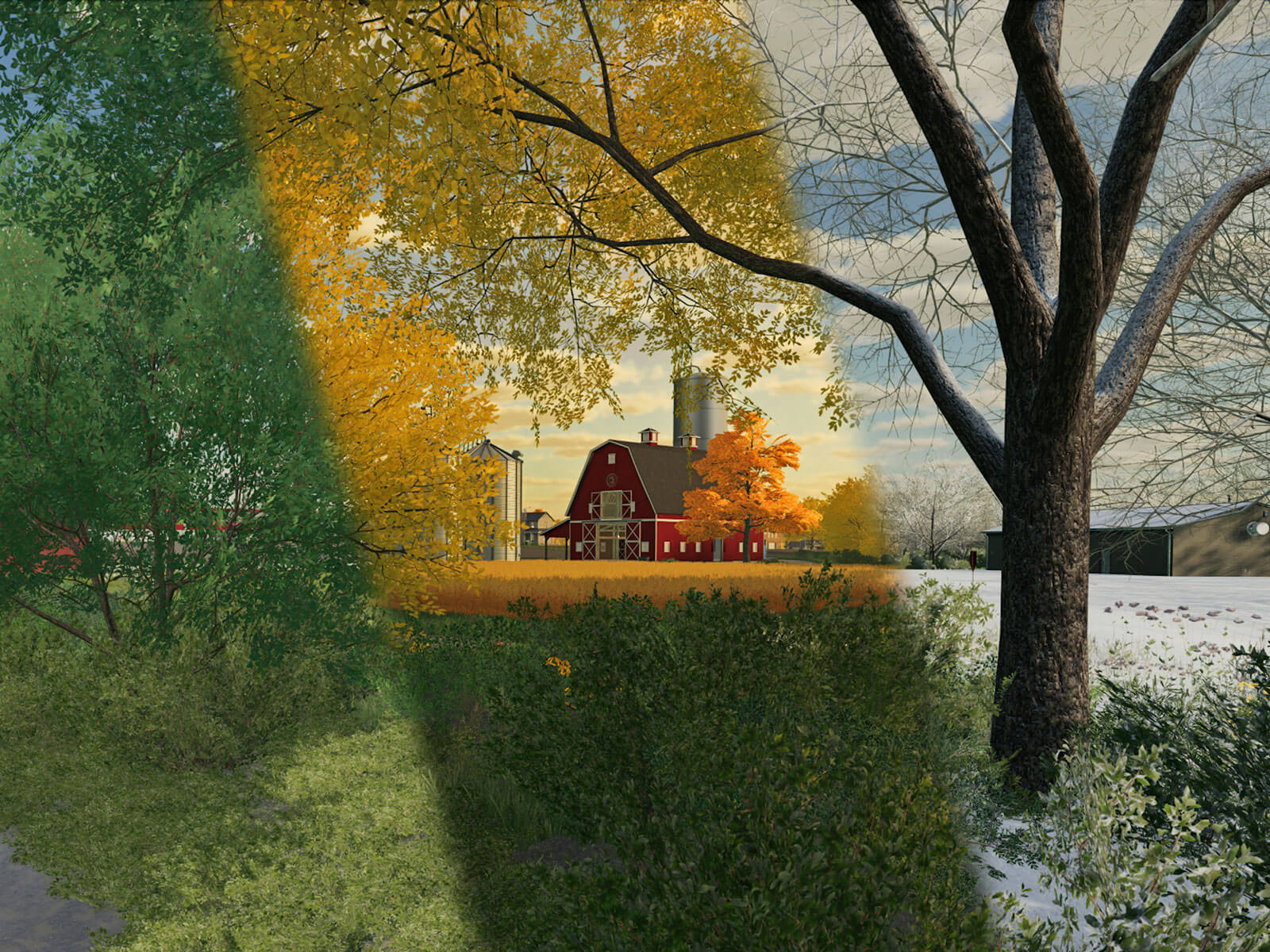 Four separate in-game panels showing different seasons of nature inside Farming Simulator 22