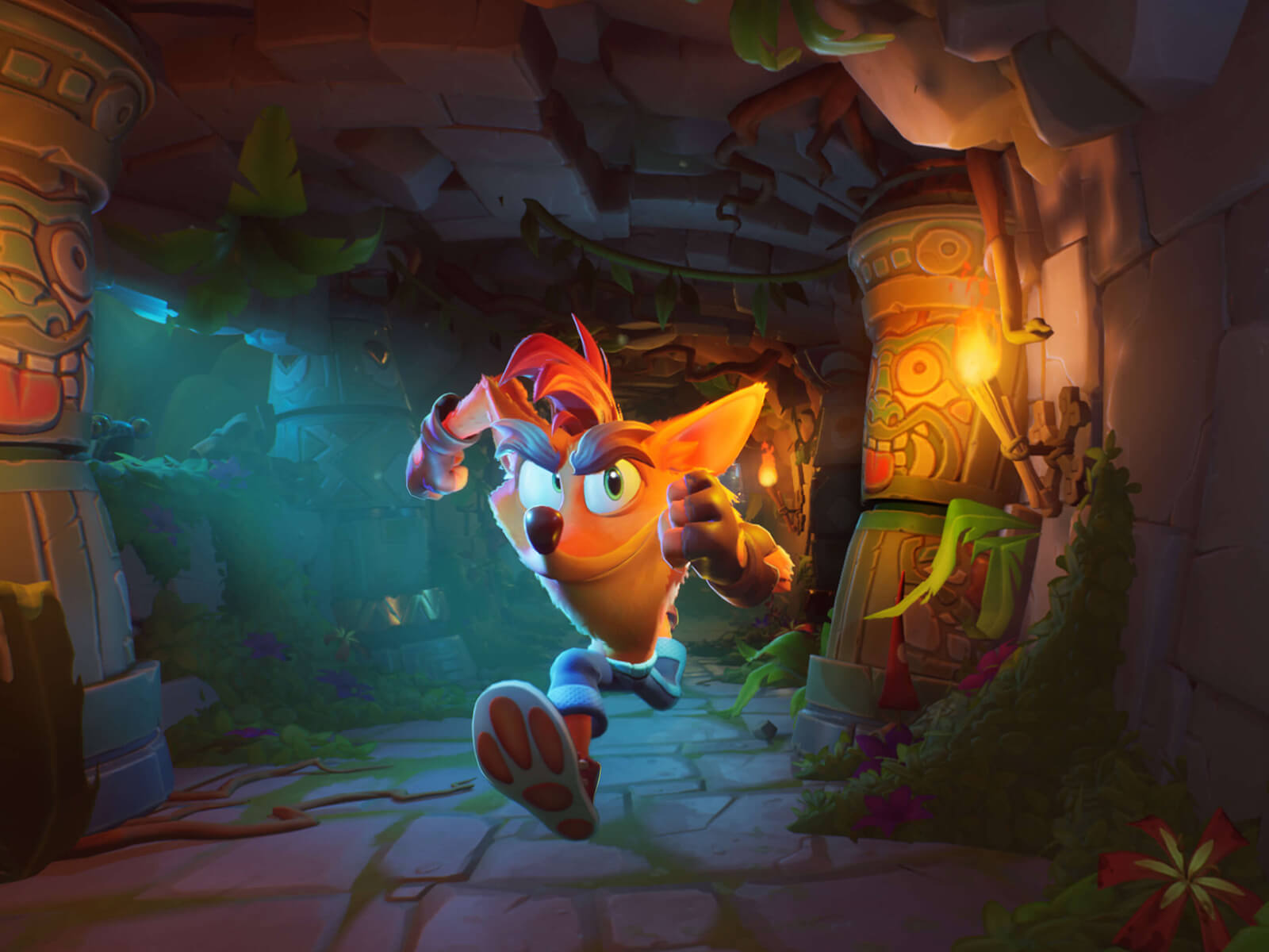A screenshot from Crash Bandicoot 4: It’s About Time depicting Crash running down a temple hallway.