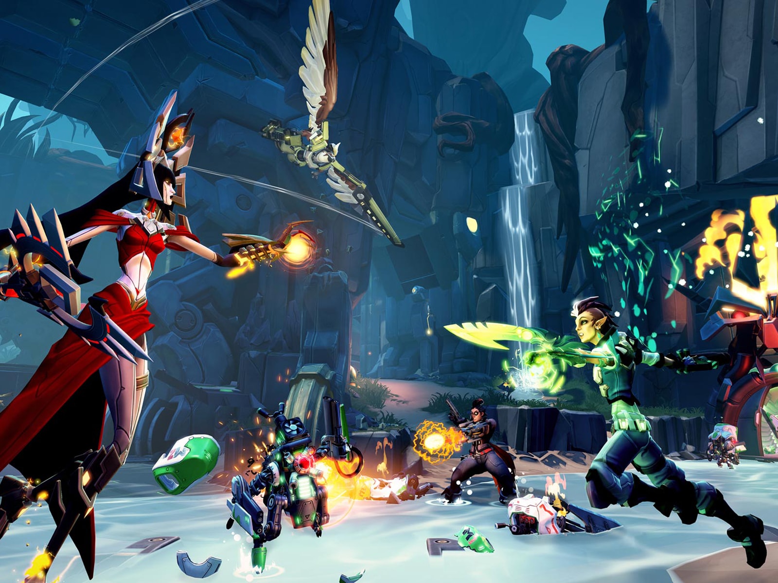 Screenshot of various colorful Battleborn characters competing in a cavern in meltdown mode