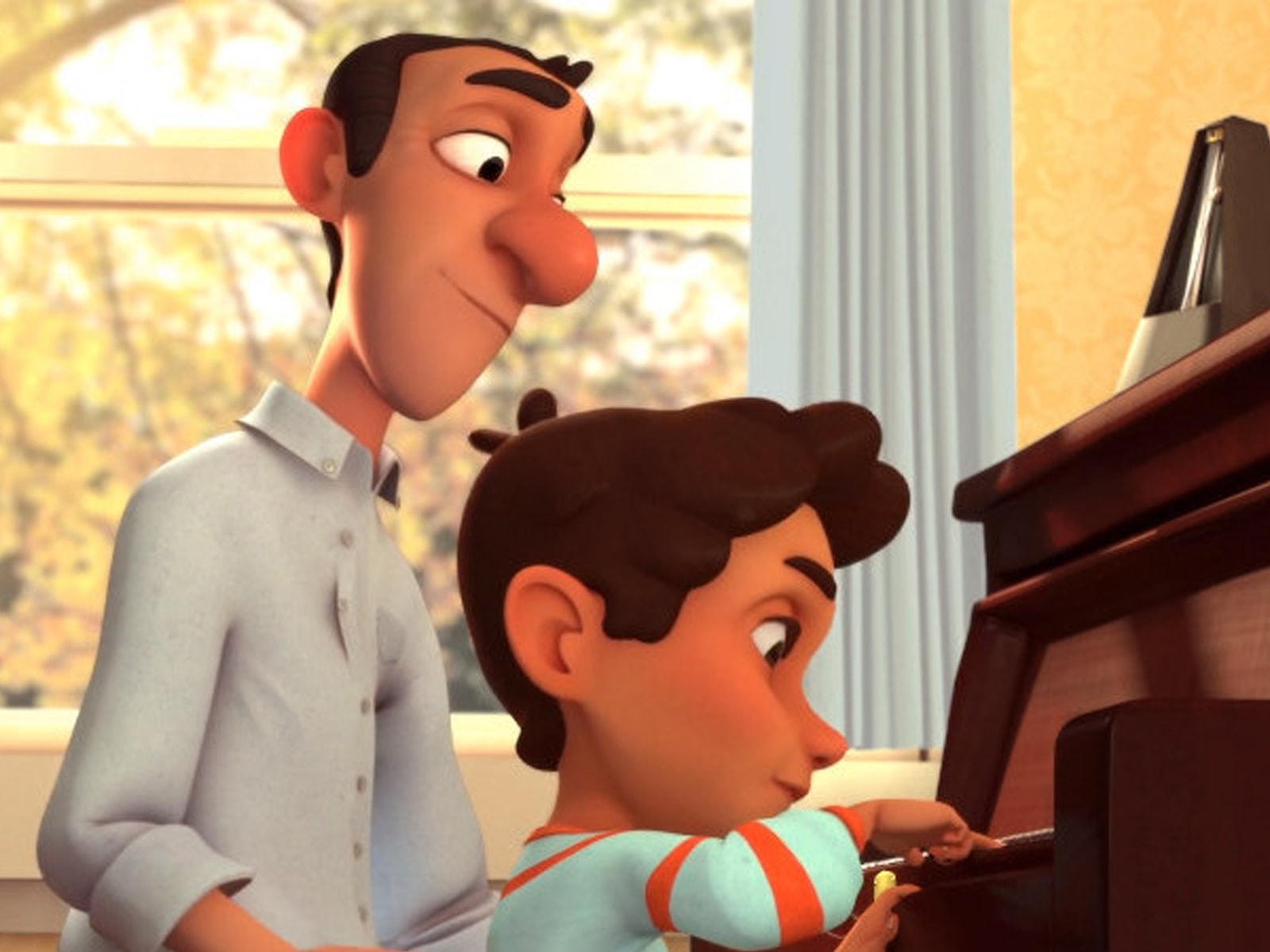 In a scene from DigiPen Europe-Bilbao student animation Arpeggio, a father watches his young son play the piano