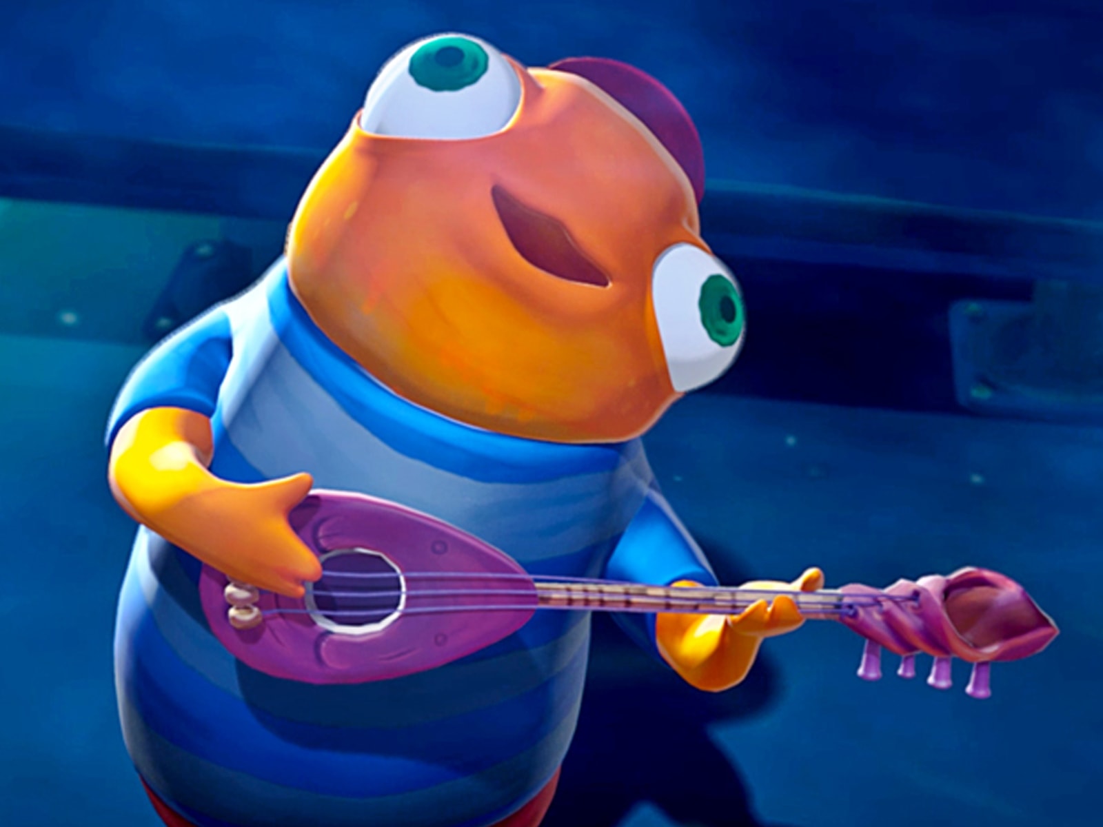 Screenshot of the main character from DigiPen student animation Bait and Switch, a green-eyed goldfish playing a mandolin