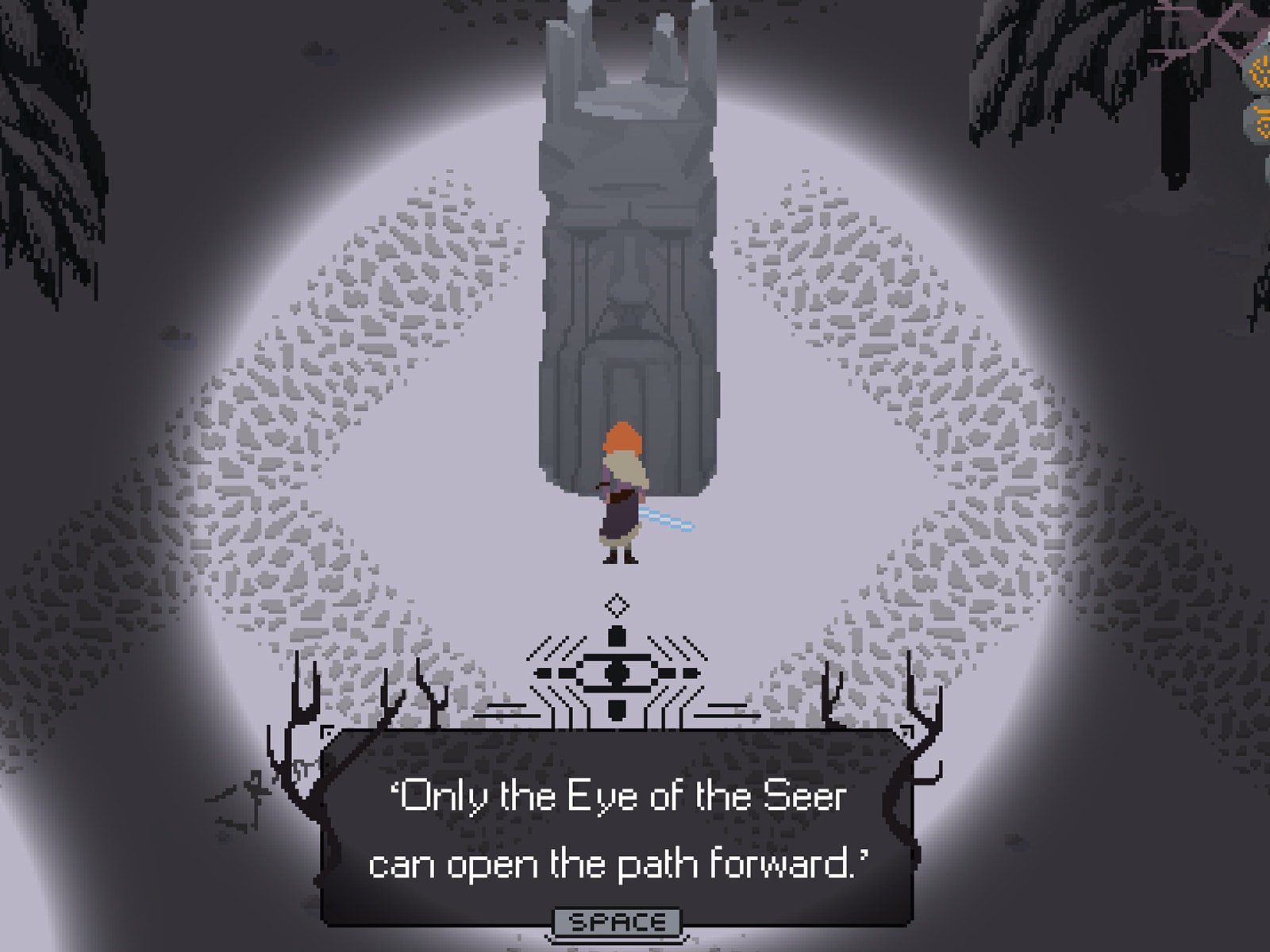 screenshot from DigiPen student game The Blade in the Bark of the orange-haired heroine meeting the seer statue