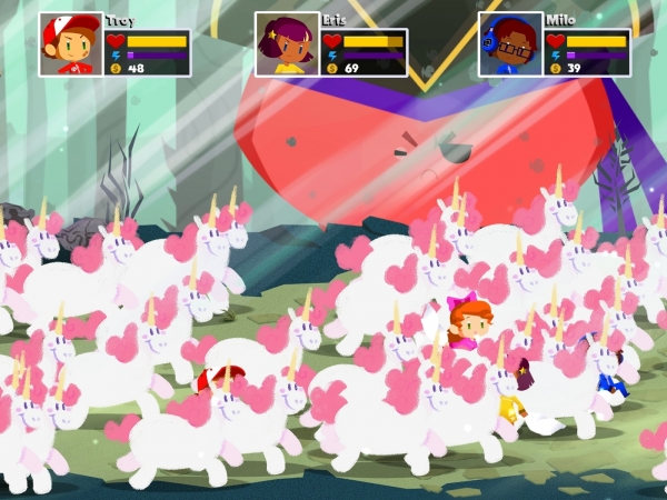 Screenshot from DigiPen student game Book of Dreams, featuring characters among a herd of identical unicorns