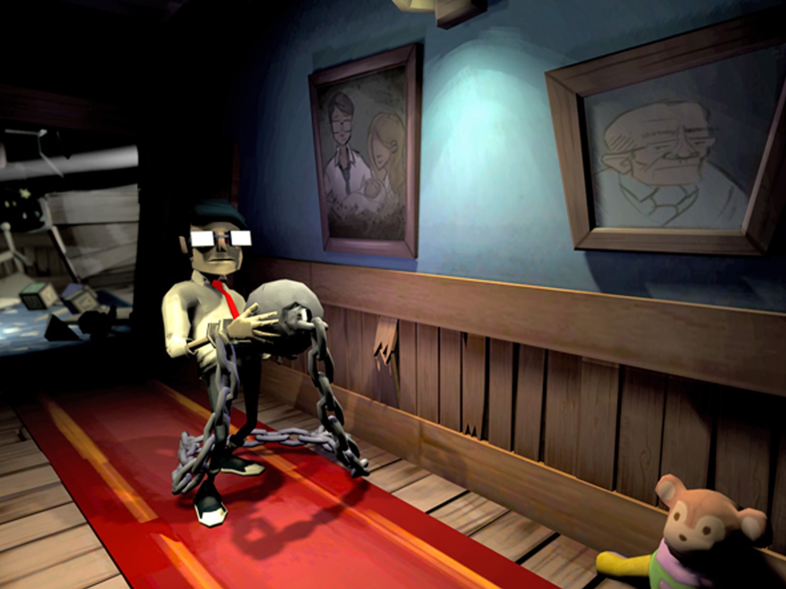 Screenshot from DigiPen student game Chained featuring a young man stumbling down a hallway carrying a ball and chain