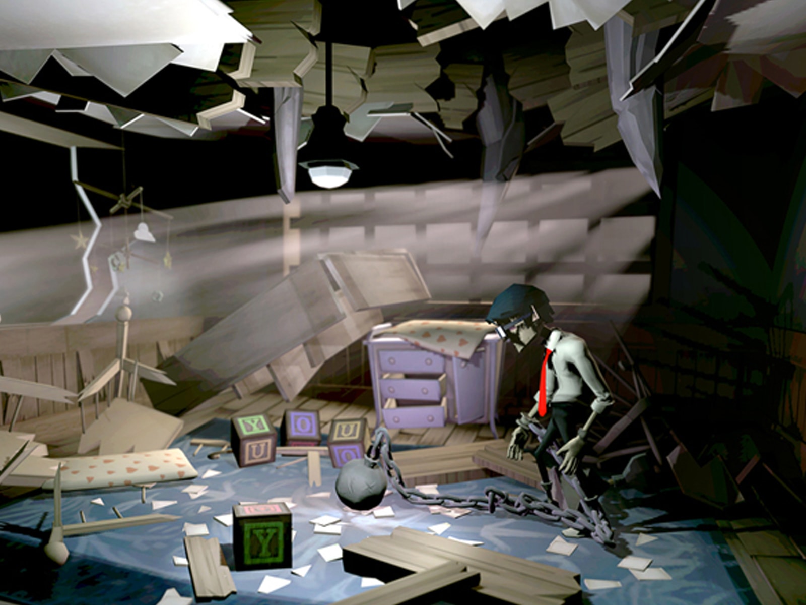 Screenshot from DigiPen student game Chained featuring the main character looking around a destroyed nursery
