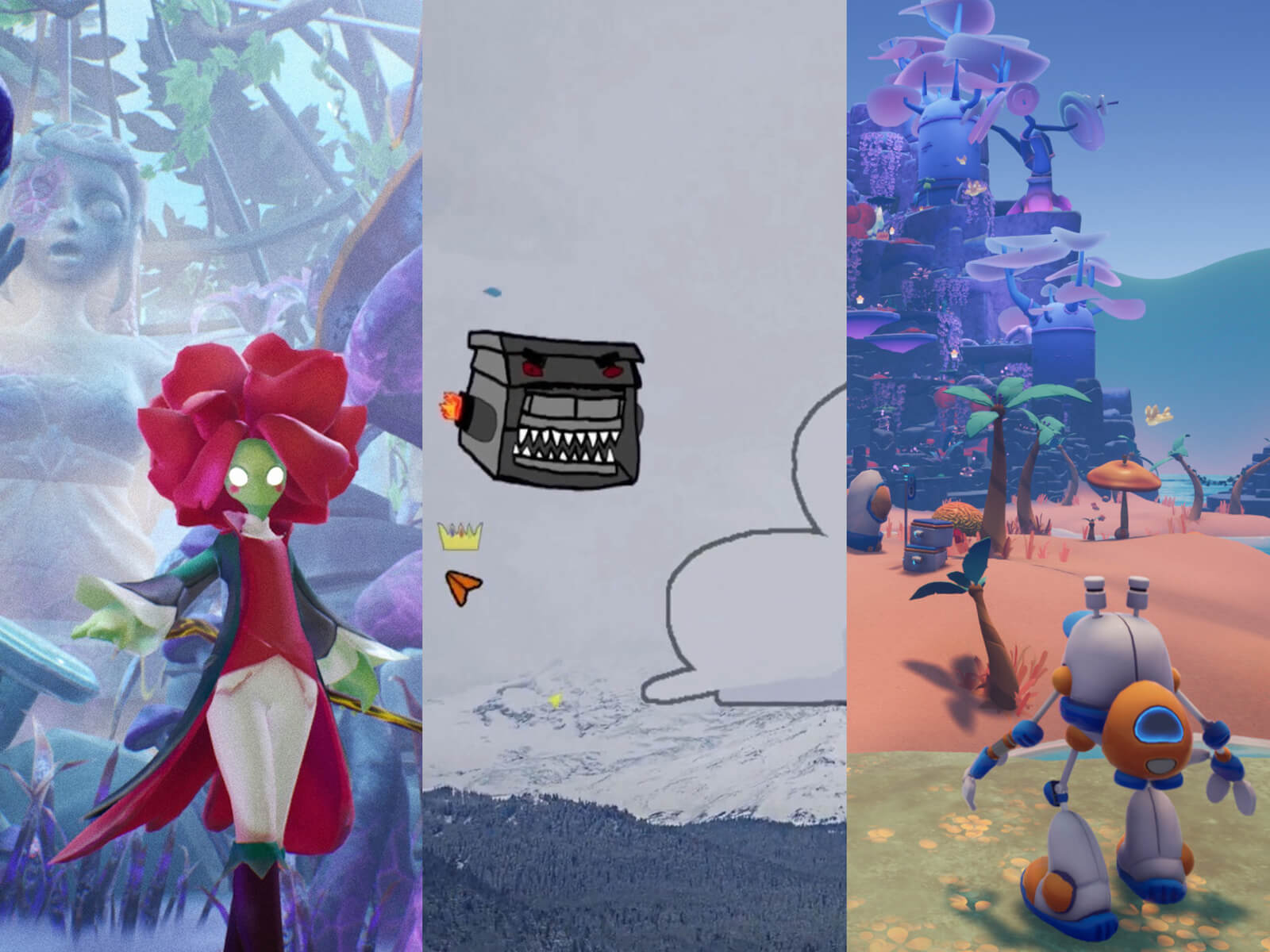 Collage of student game screenshots featuring a robot, gardening witch, and more.