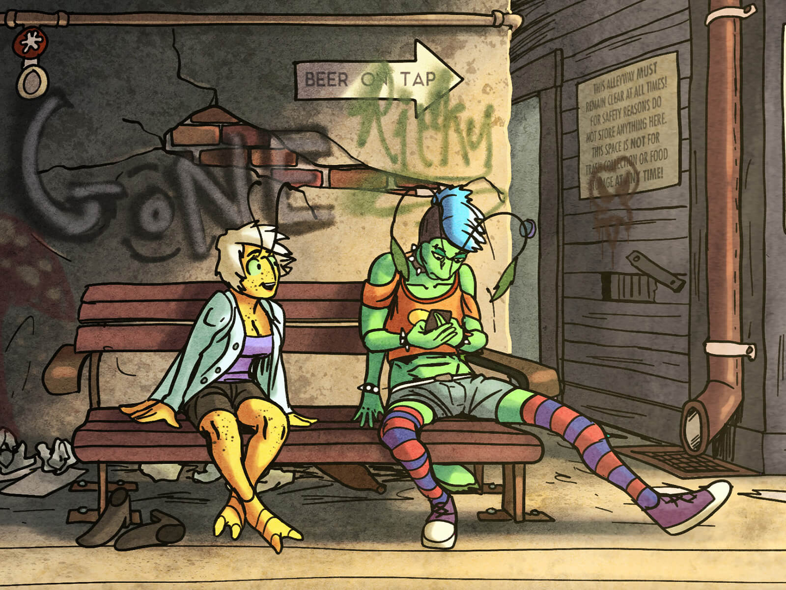 Two bugs from the “Coleary” graphic novel sit next to each other on a city bench.