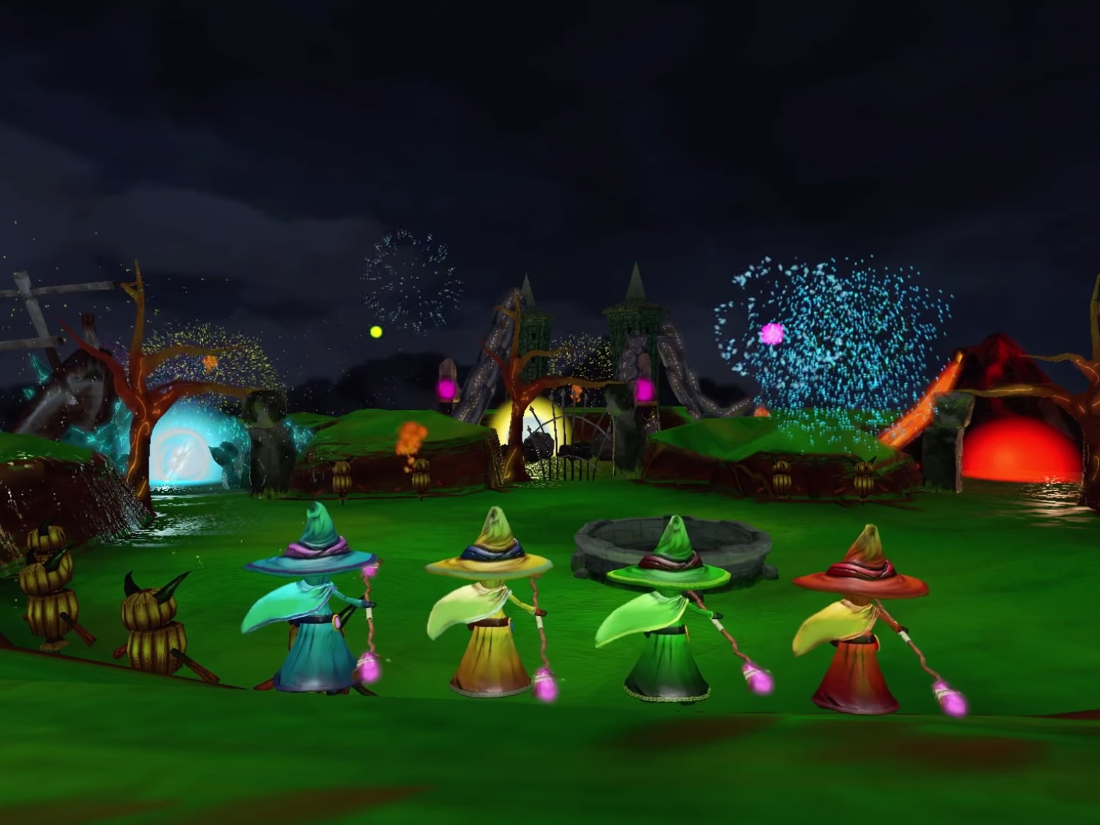 Four colorful wizards in a darkened field in a screenshot from DigiPen student game Chronomancers