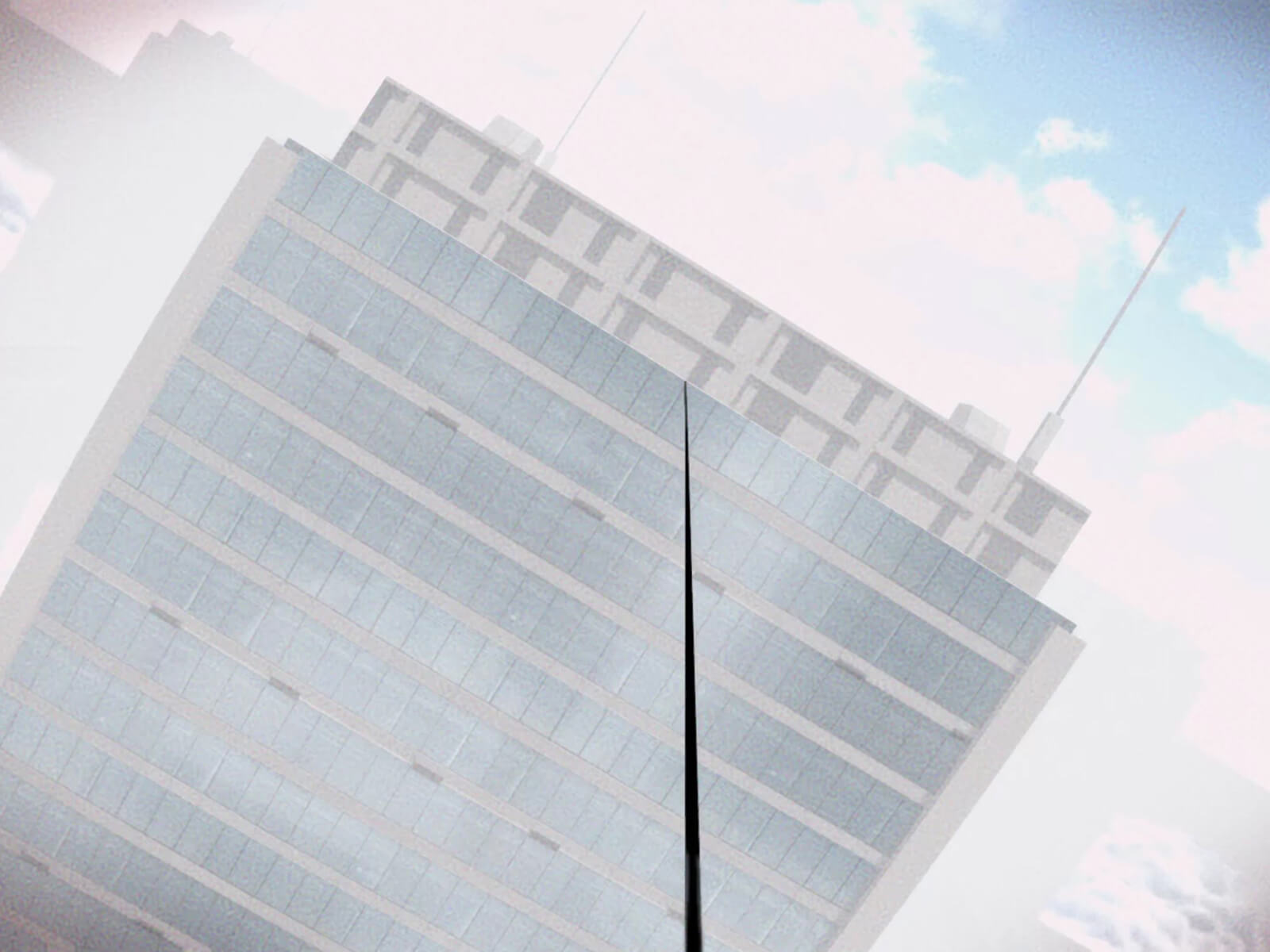 A tilted first-person perspective of someone walking a tightrope to a distant building.