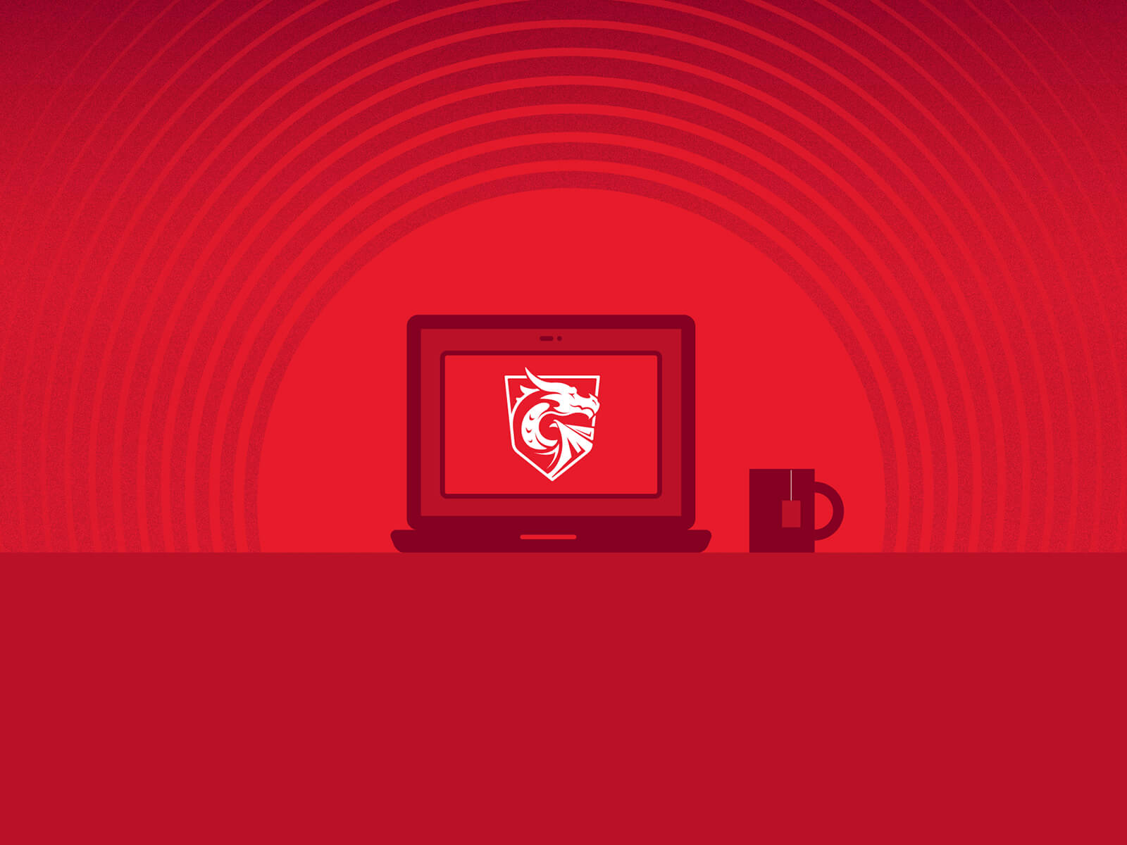 An illustration of a laptop with the DigiPen Dragon logo onscreen, next to a cup of tea.