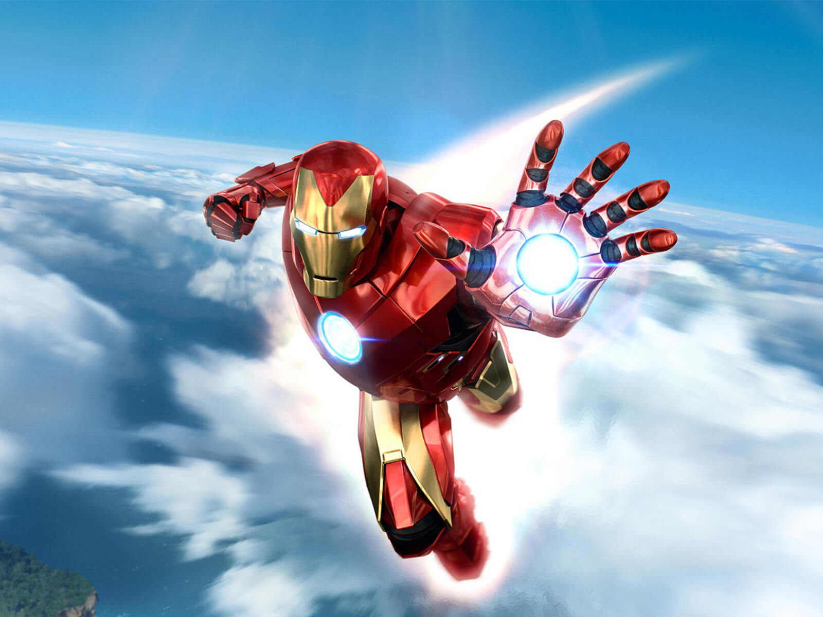 Iron Man flies through the sky with his fist at the ready.