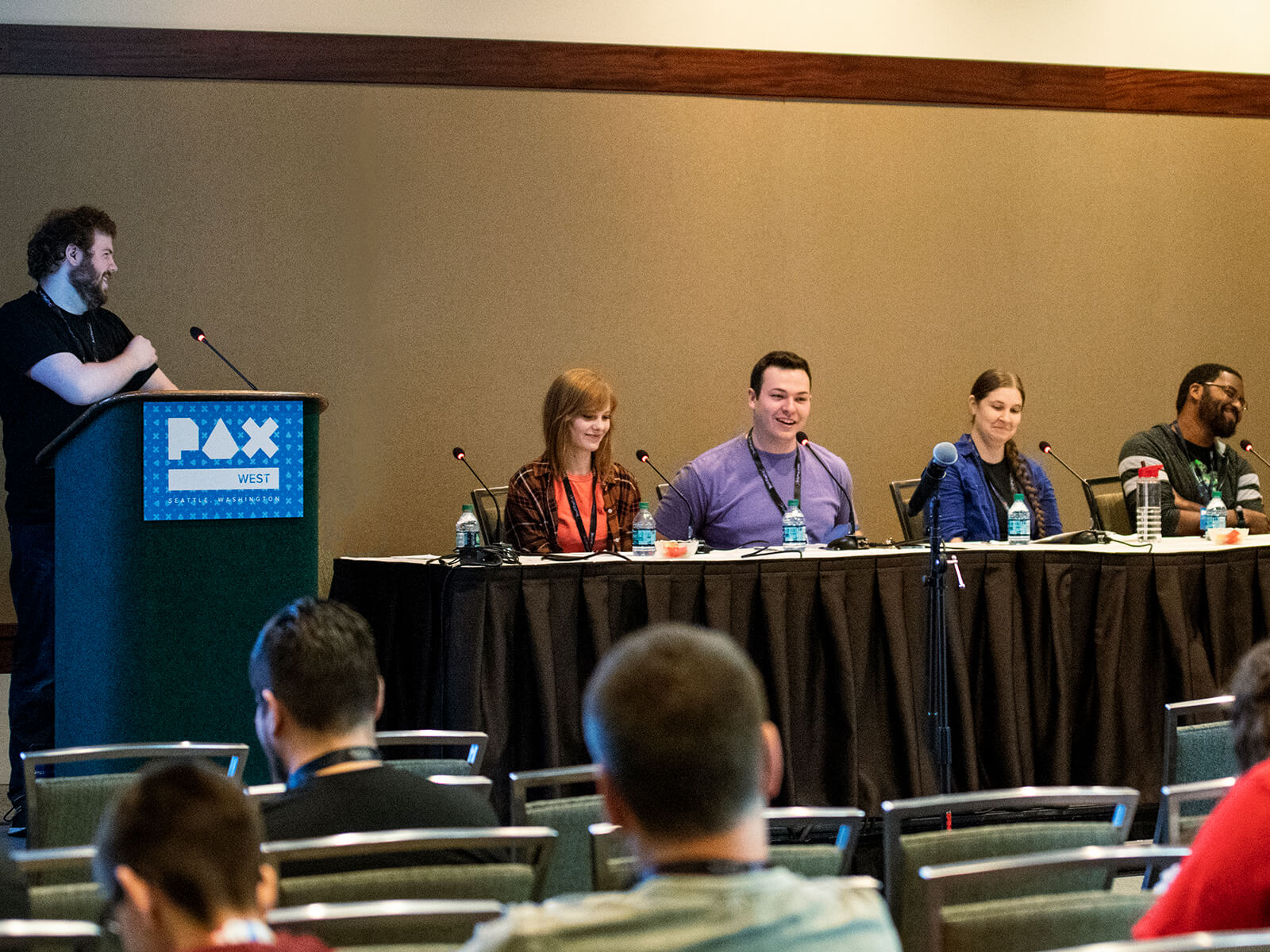 DigiPen alumni Devin Jensen, Lauren Stutzriem, Allan Deutsch, Victoria Smith, and Stephen Scott speaking at PAX West 2018