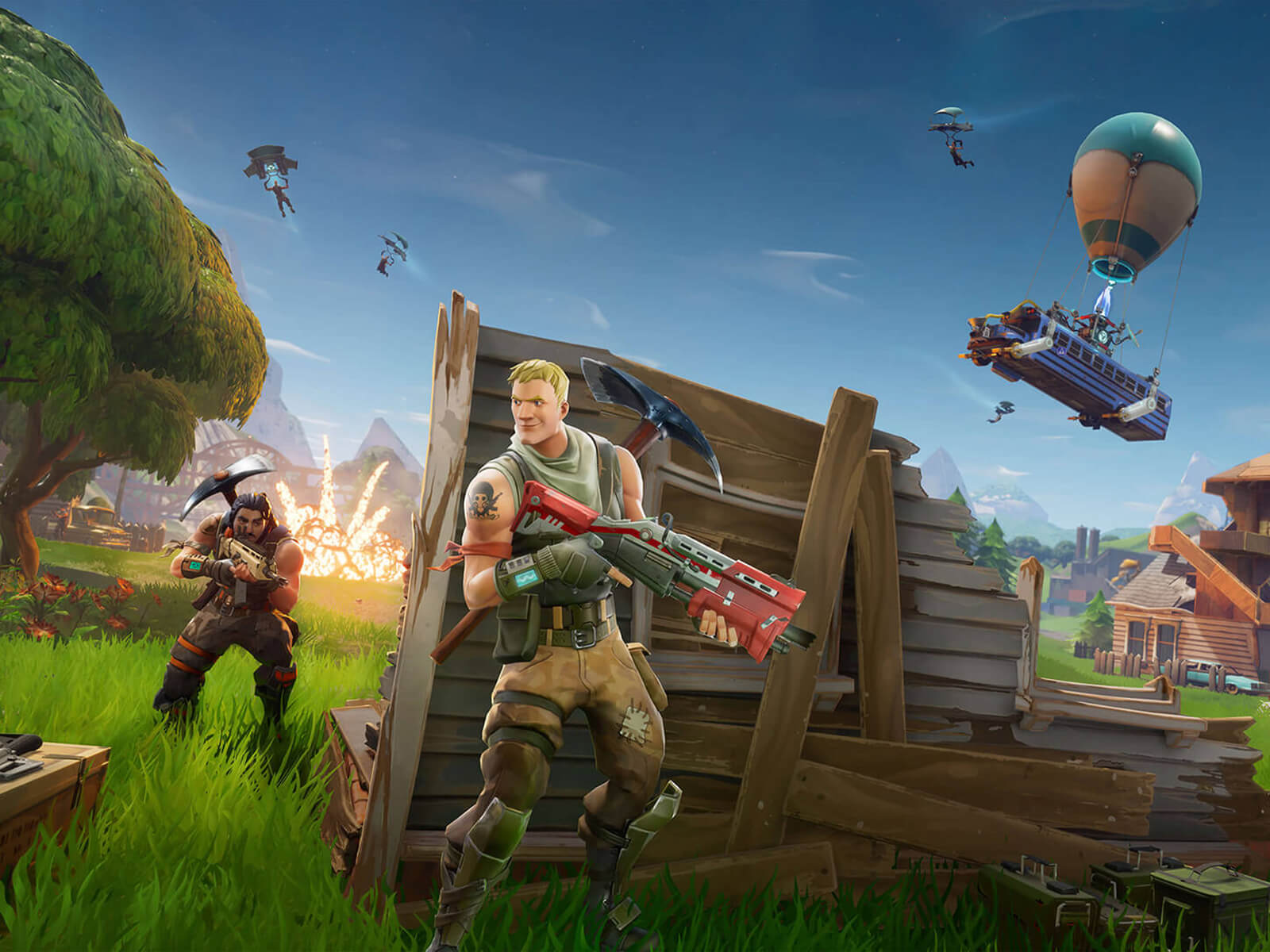 Screenshot from Epic Games' Fortnite featuring a character smiling as he hides behind a wooden barricade