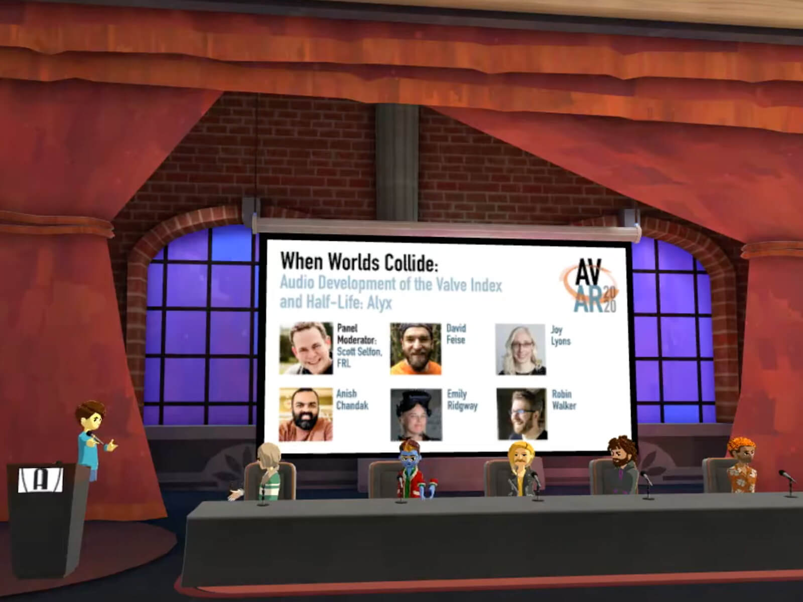 VR avatars of Valve audio designers sit for a panel discussion in a virtual conference room.