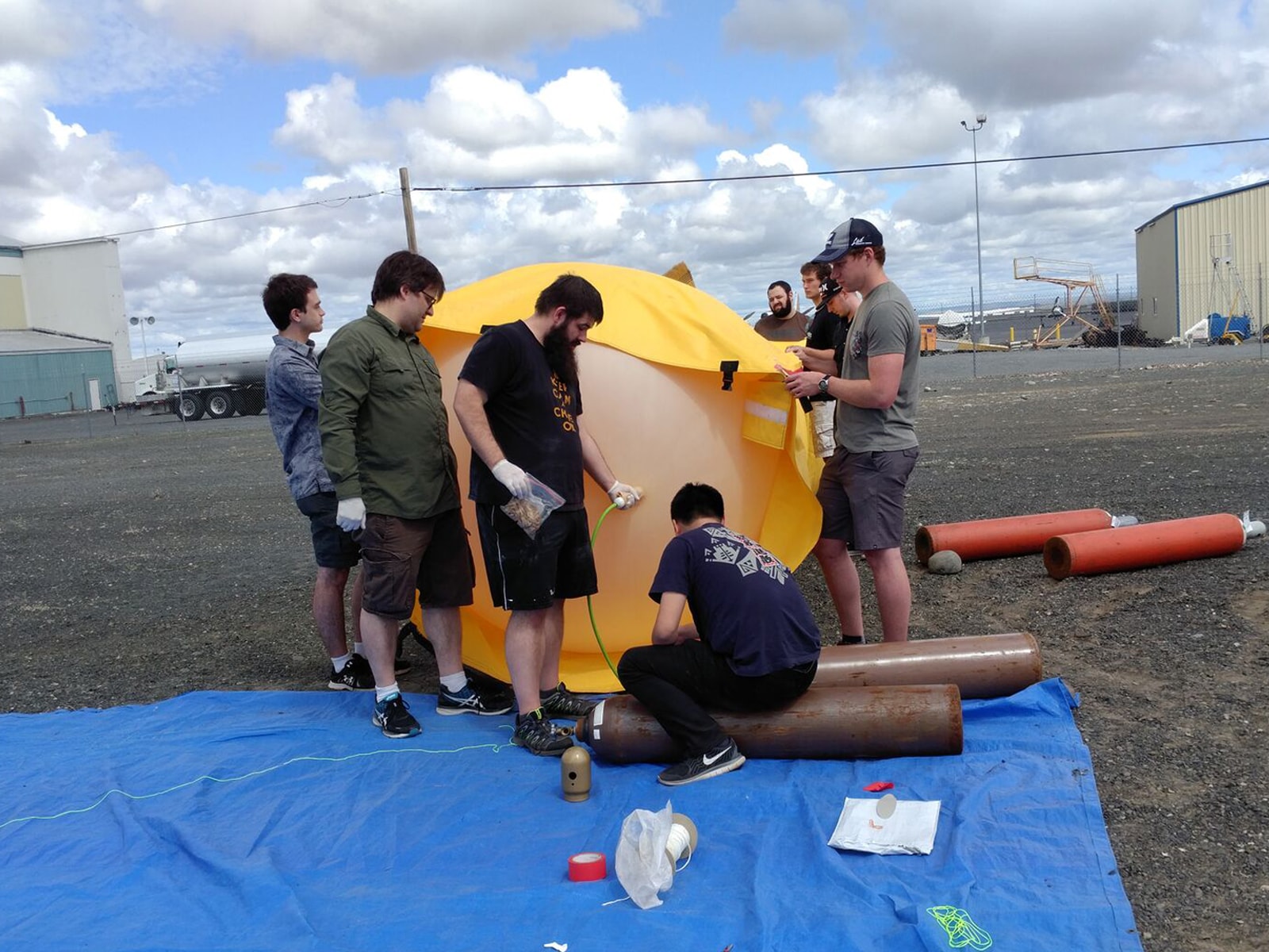 DigiPen students and faculty preparing to launch a large high-altitude weather balloon