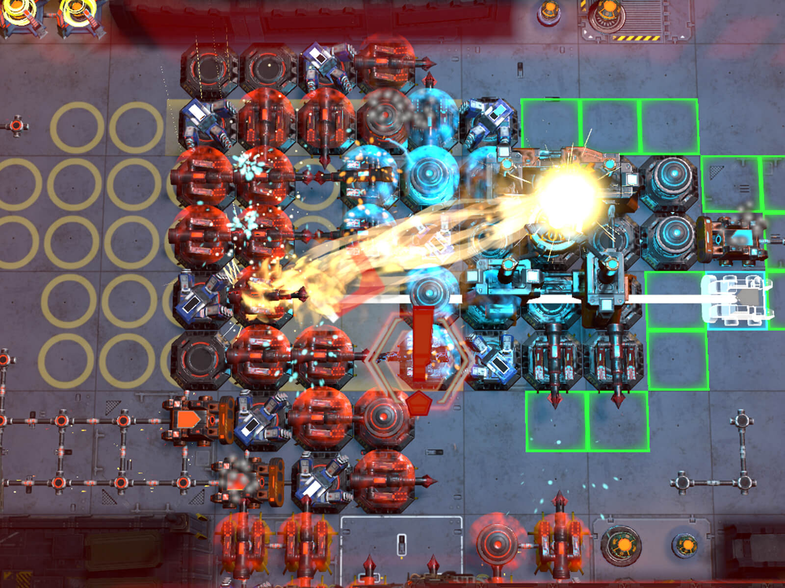 A blue sci-fi structure fires a beam at opposing red buildings in the game Byte Lynx.