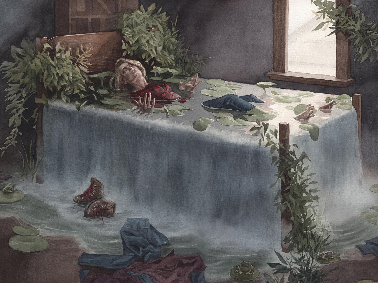 A watercolor painting of a woman laying partially submerged in an overflowing basin of water.