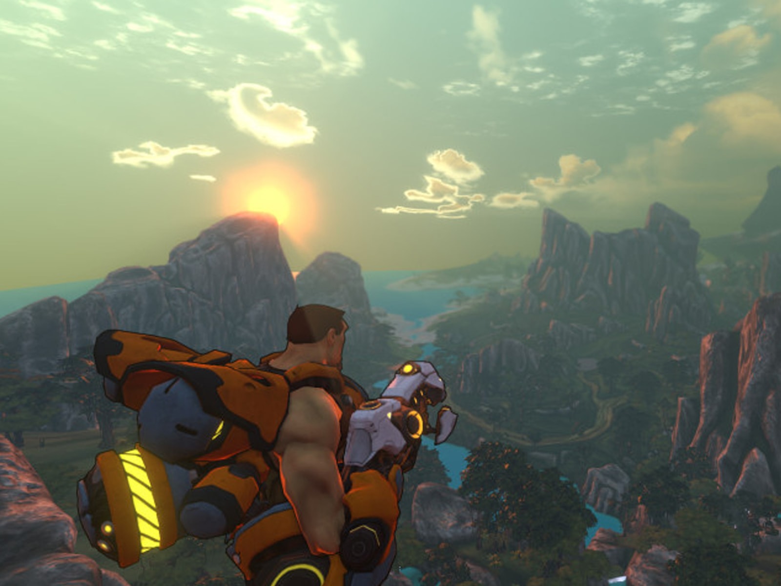 Screenshot of a man looking out over the mountains in Firefall, a game by Red 5 Studios