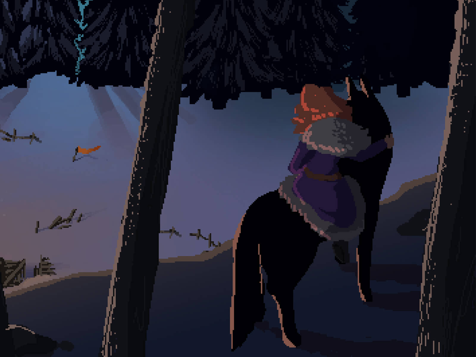 A screenshot from DigiPen student game The Blade in the Bark showing a girl on a wolf’s back in the woods.