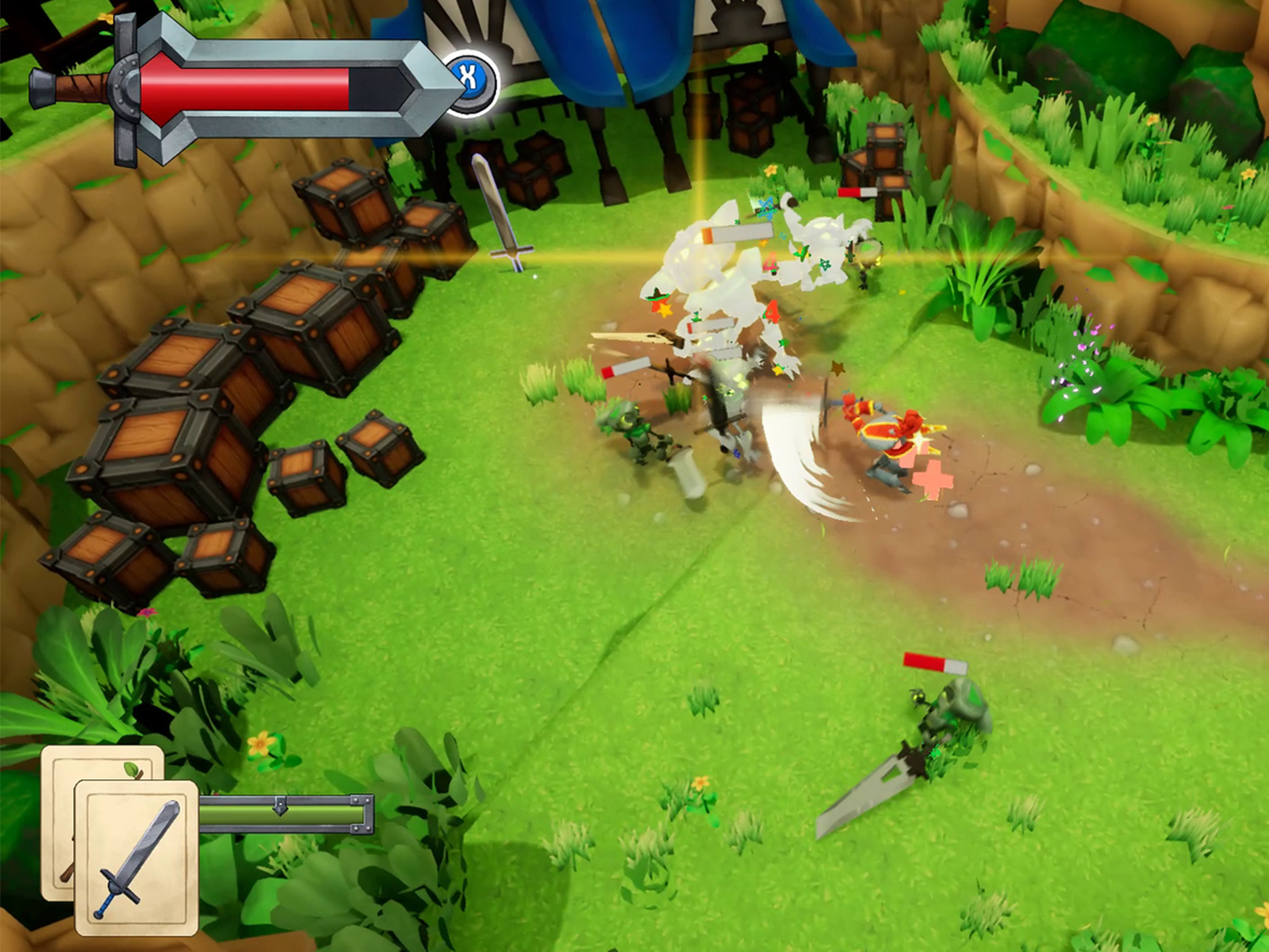 A knight swipes at enemies in DigiPen student game Excalibots