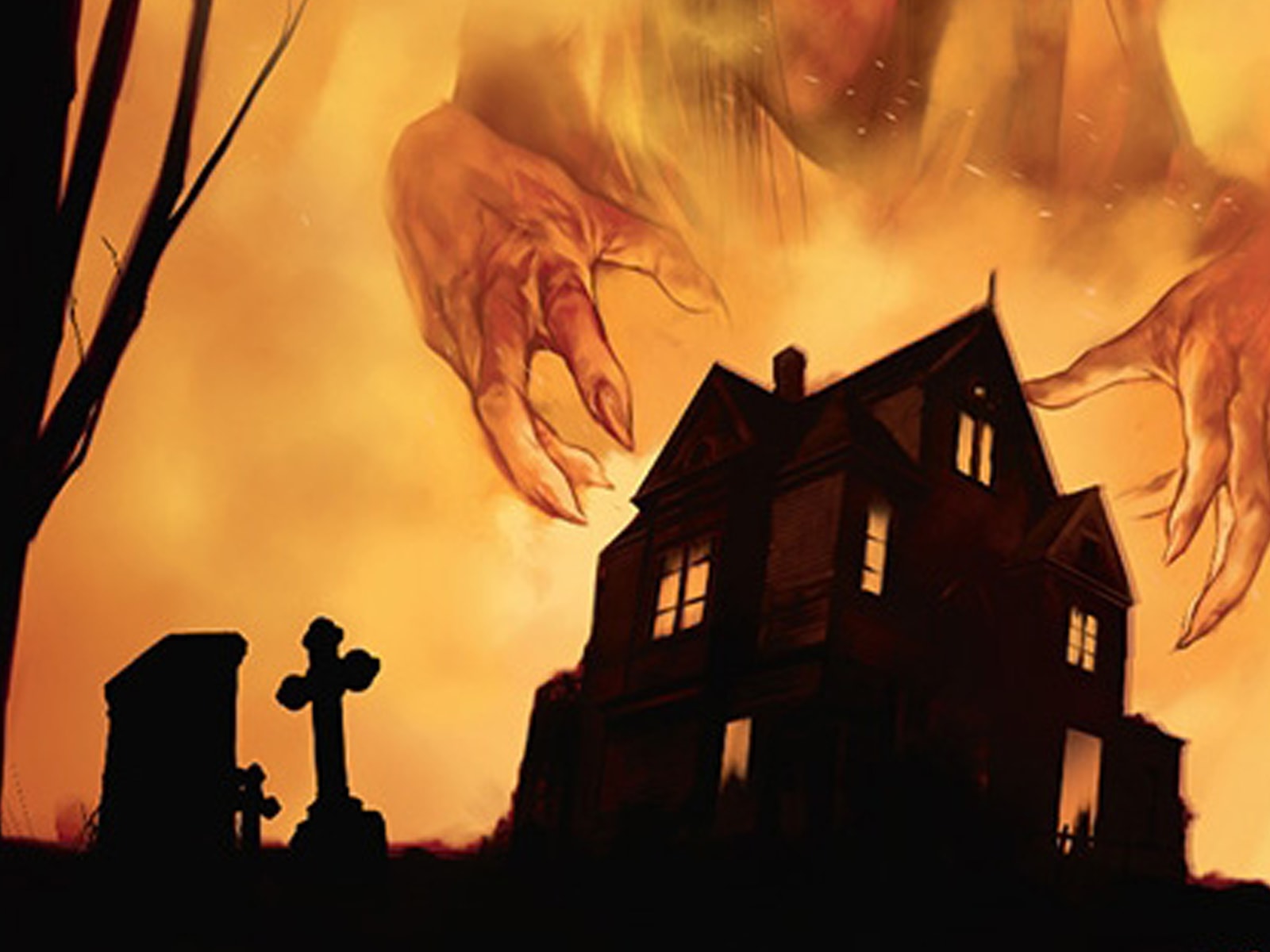 Illustration of a spooky house and giant claw-like hands featured on the box of Betrayal at House on the Hill
