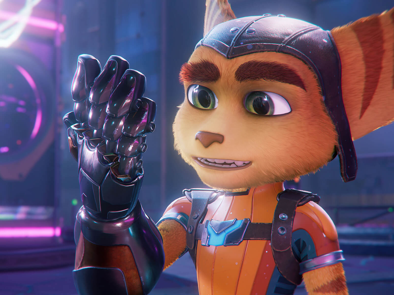 Ratchet admires his mechanical glove in a screenshot from Ratcher &amp; Clank: Rift Apart.