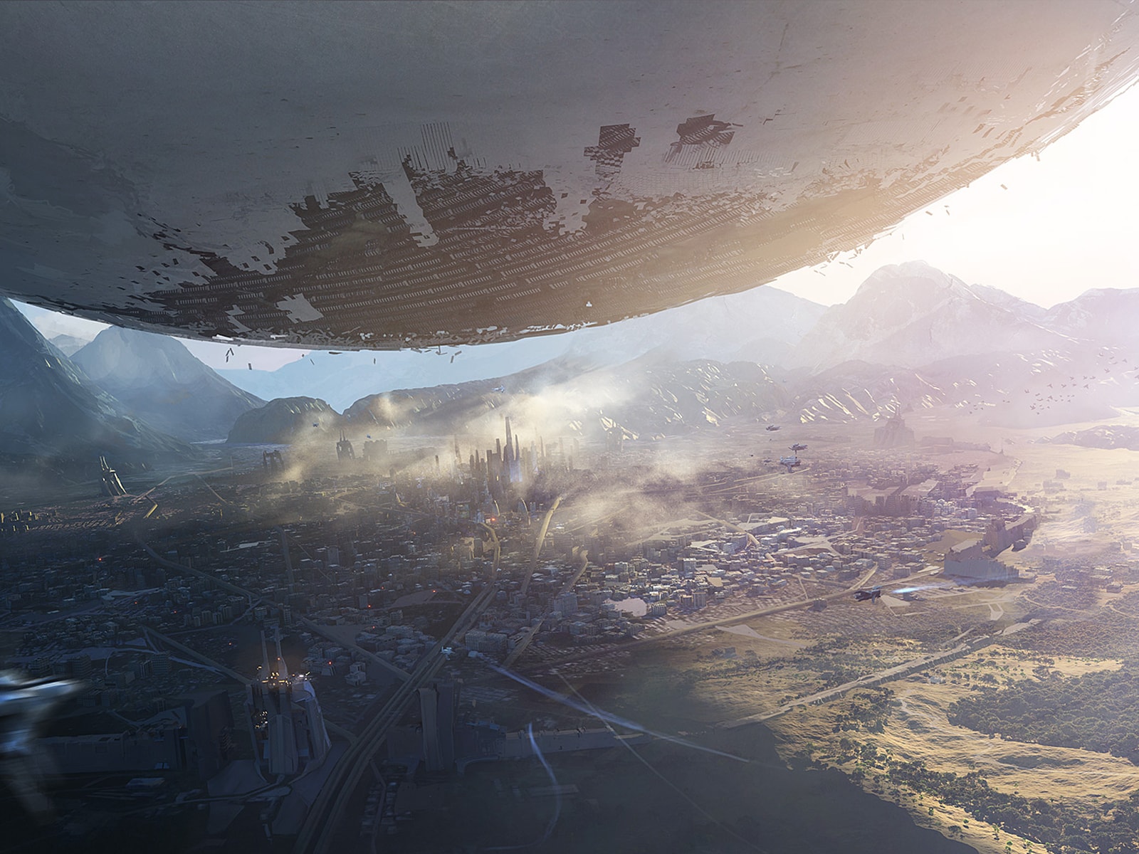 Screenshot from Destiny of an alien spaceship, called the Traveler, hovering over the last city