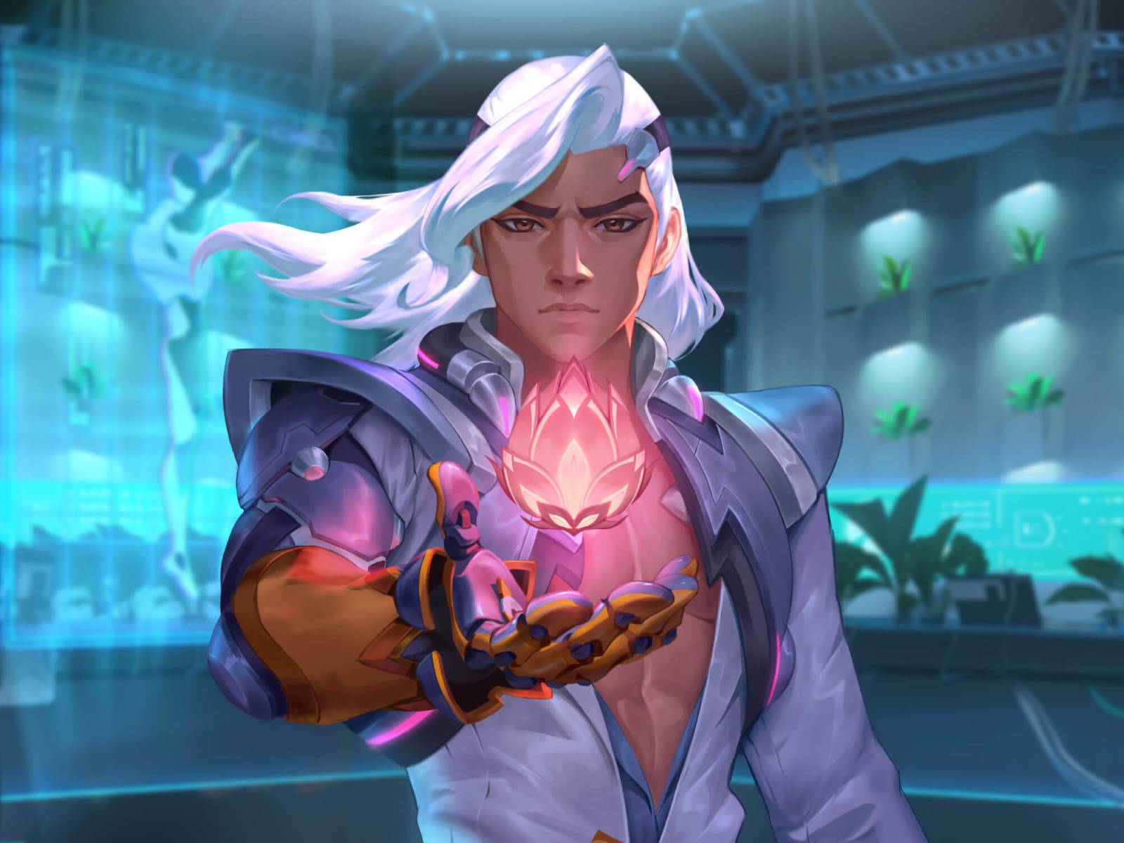 Artwork of elaborately dressed man in a scientific lab, projecting a holographic flower using a high-tech gauntlet.