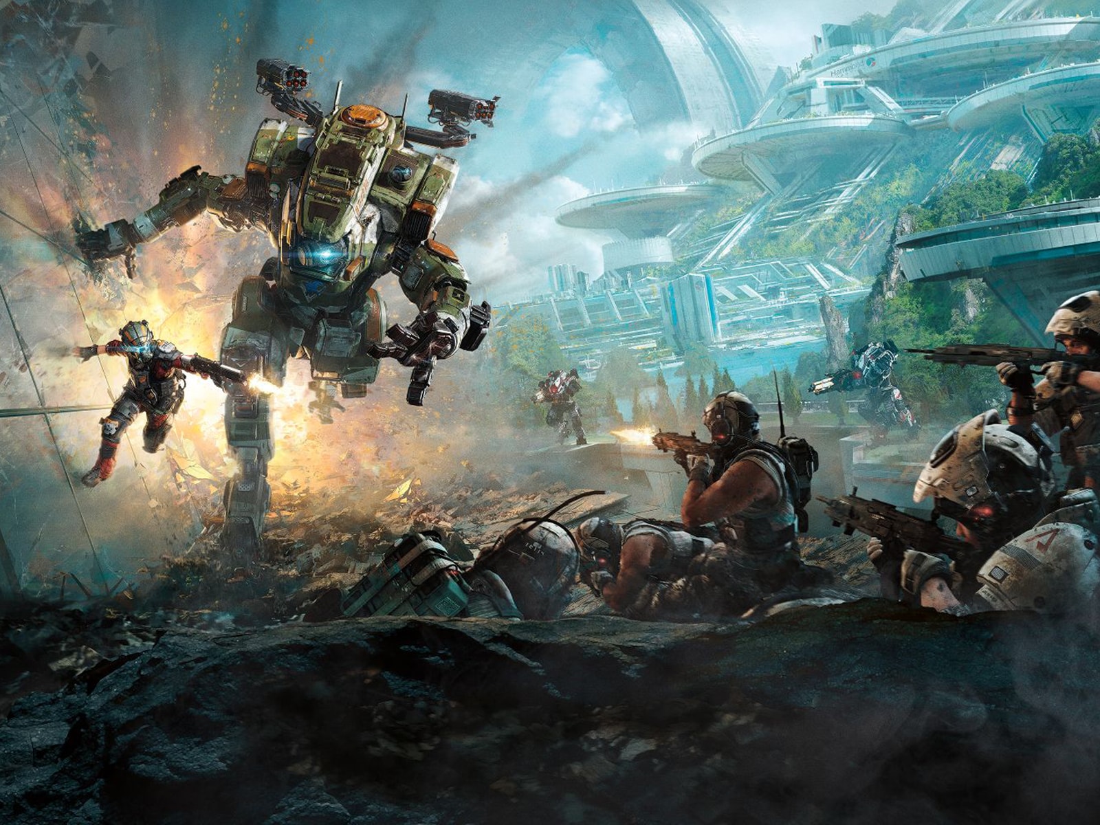 Screenshot from Titanfall 2 of a Titan, a huge robot-like exoskeleton containing a pilot, chasing a man in a futuristic city