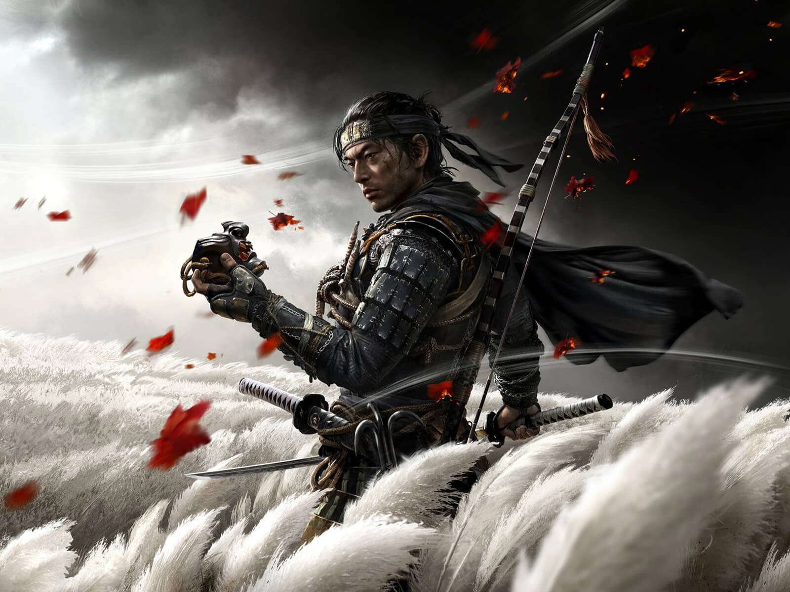 Ghost of Tsushima artwork: A samurai in a field holds a mask while leaves blow in the wind