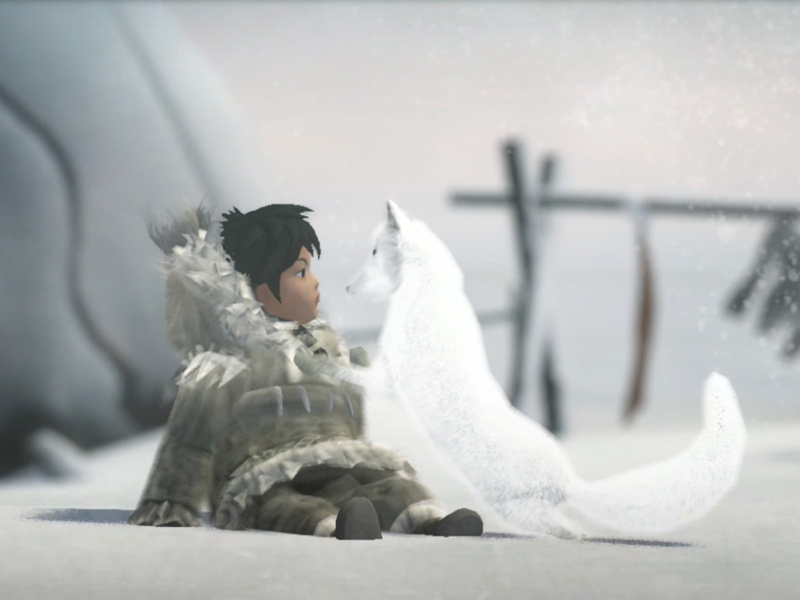 Screenshot from Never Alone of young villager Nuna and her arctic fox sitting in the snow