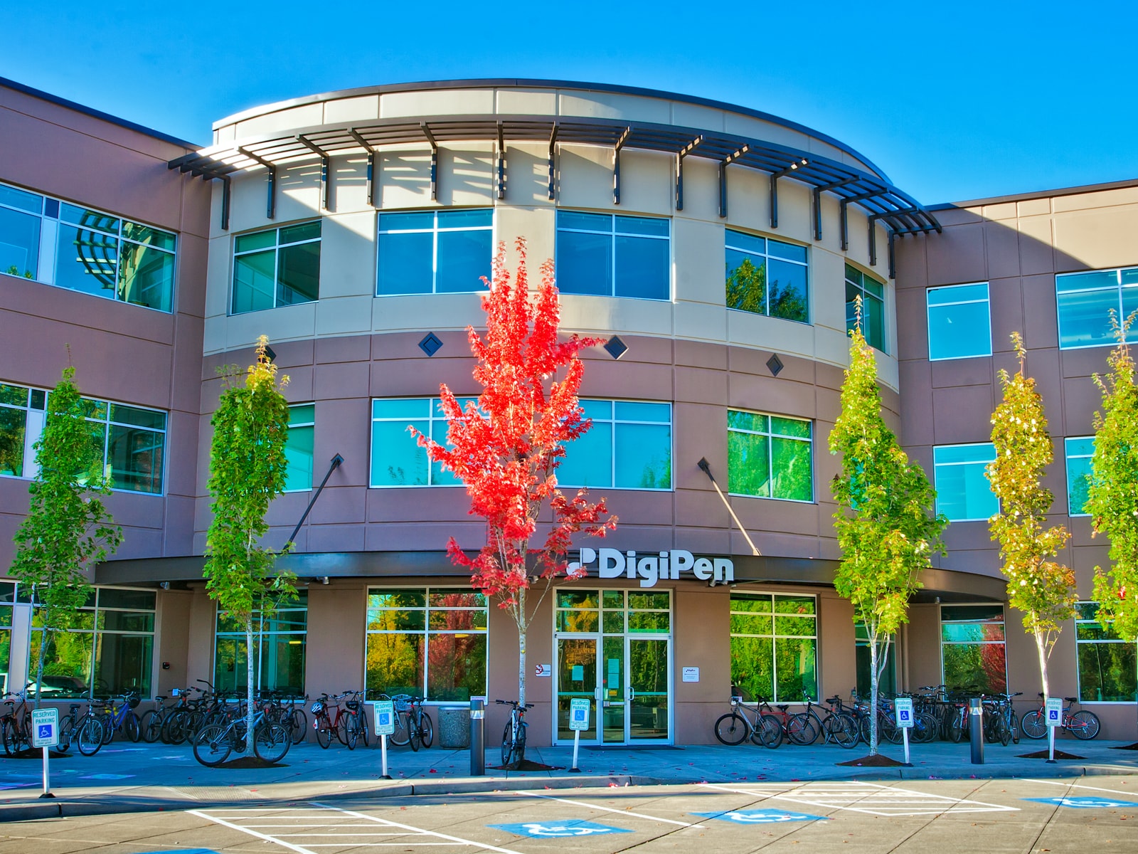 Close-up of the DigiPen front entrance on a sunny autumn day