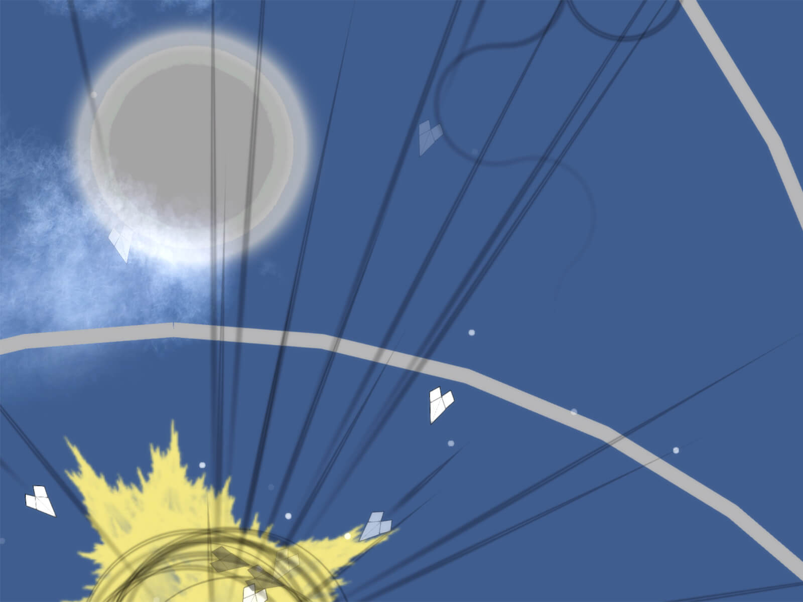 Screenshot from DigiPen Singapore student game Meaning, featuring paper airplanes floating through the sky