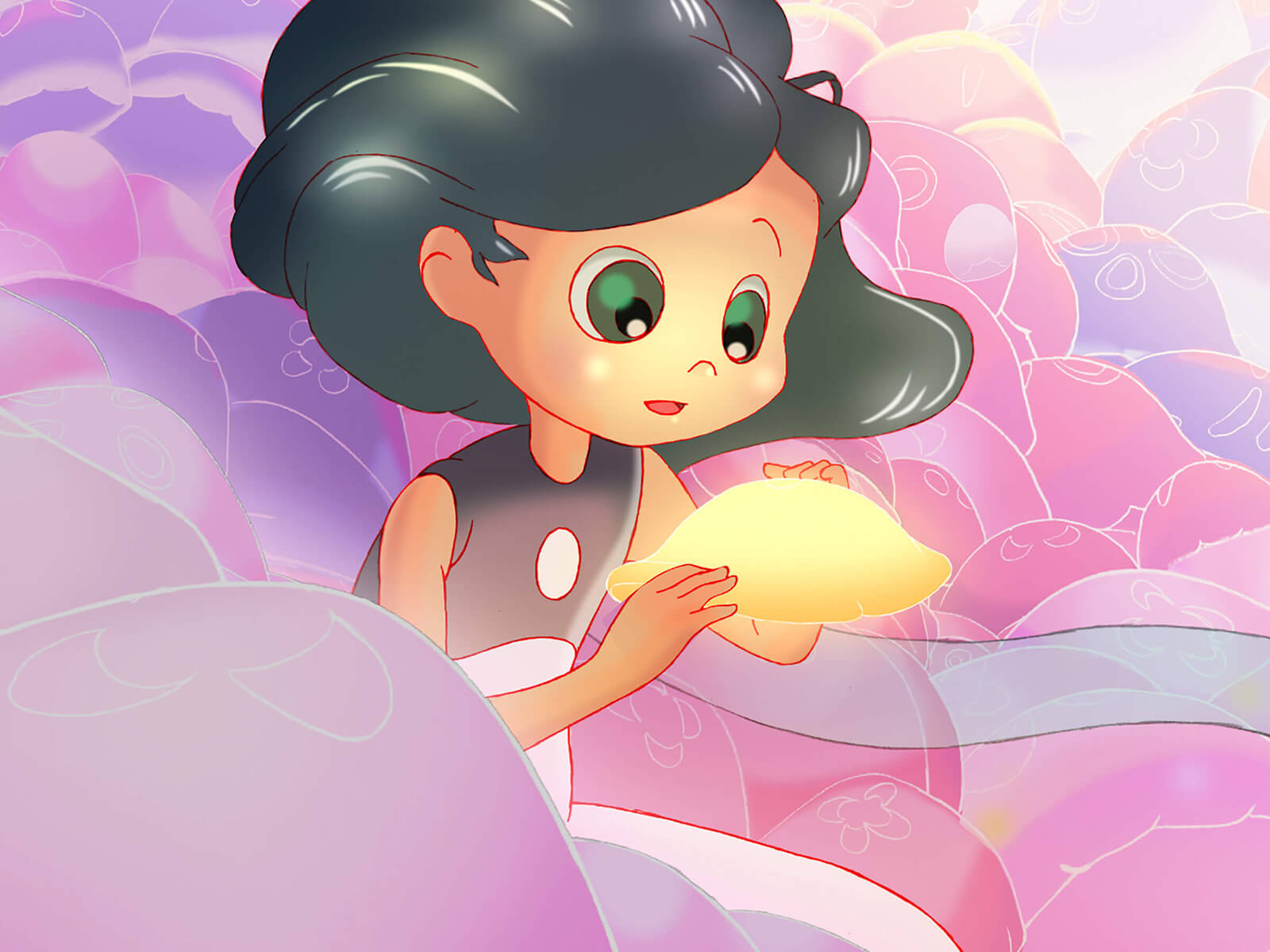 A girl with black hair and green eyes holds a yellow jellyfish in her hands, surrounded by pink, purple, and orange jellyfish