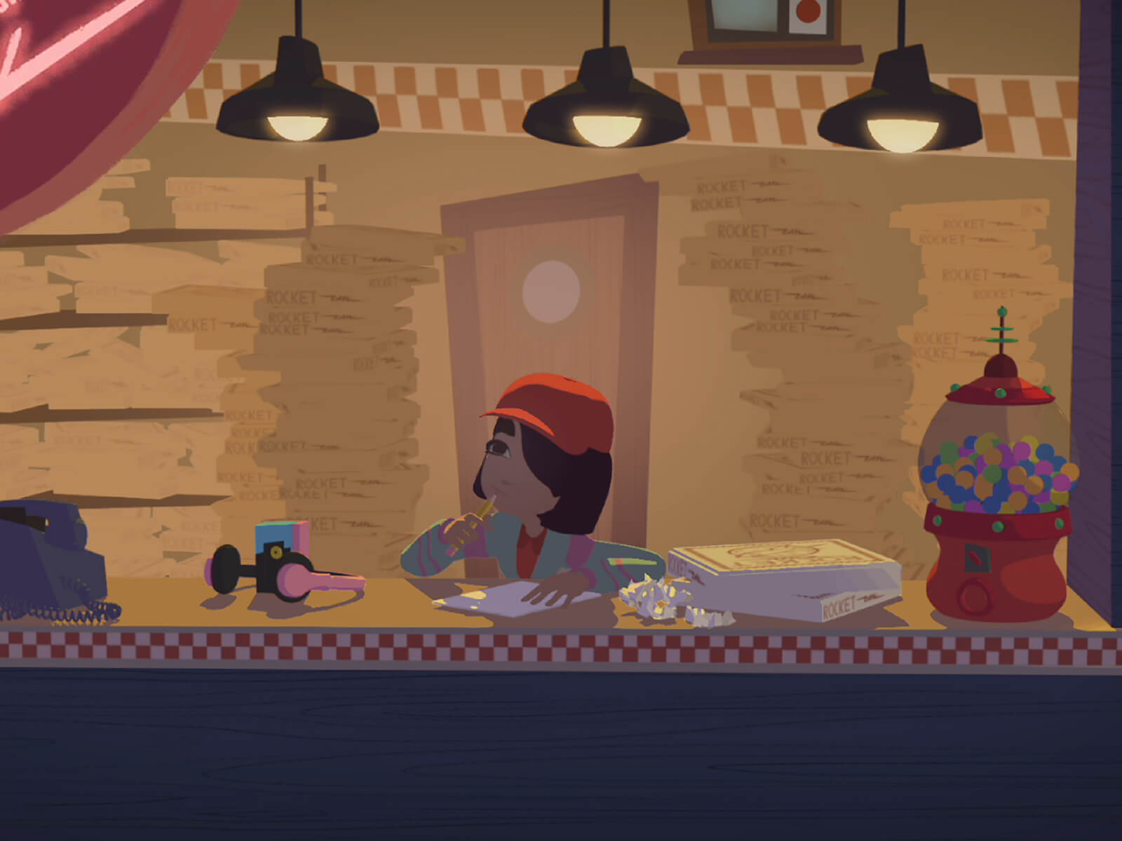 Screenshot from DigiPen student animation Galaxy Girl featuring the main character sketching at the Rocket Pizza counter