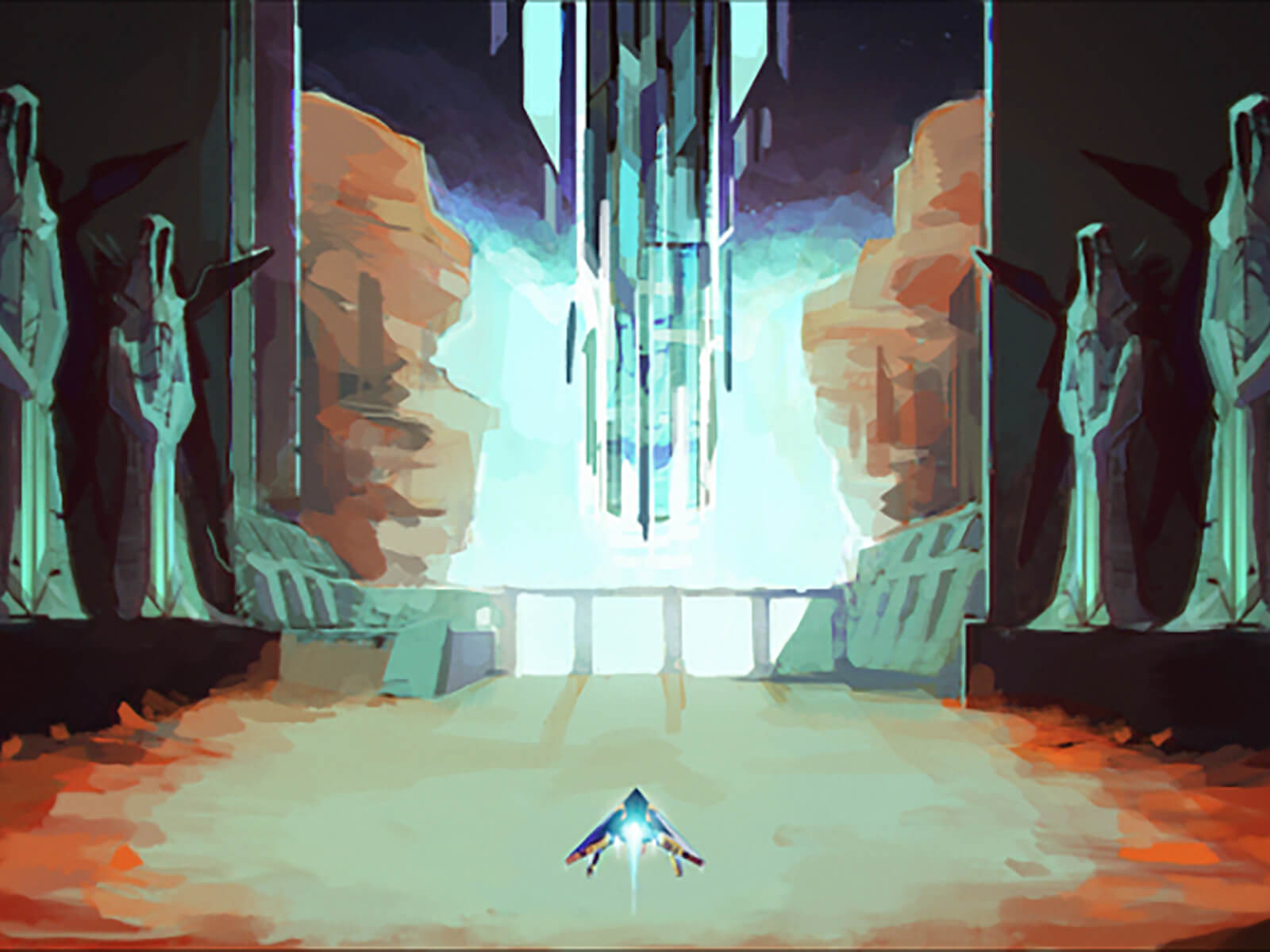 Digital painting of a hovercraft vehicle at the entrance of a vast chamber, flanked by large statues of alien hooded figures.