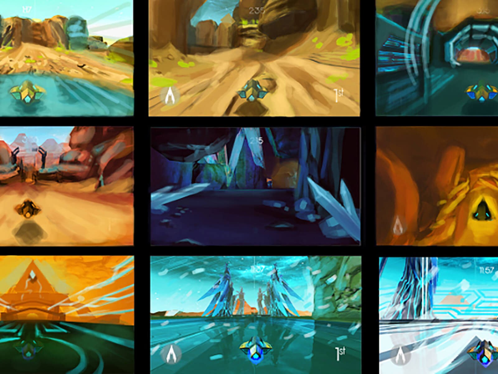 A series of 9 color keys for the student game Arc; each features a yellow hovercraft in a blue and yellow alien environment.