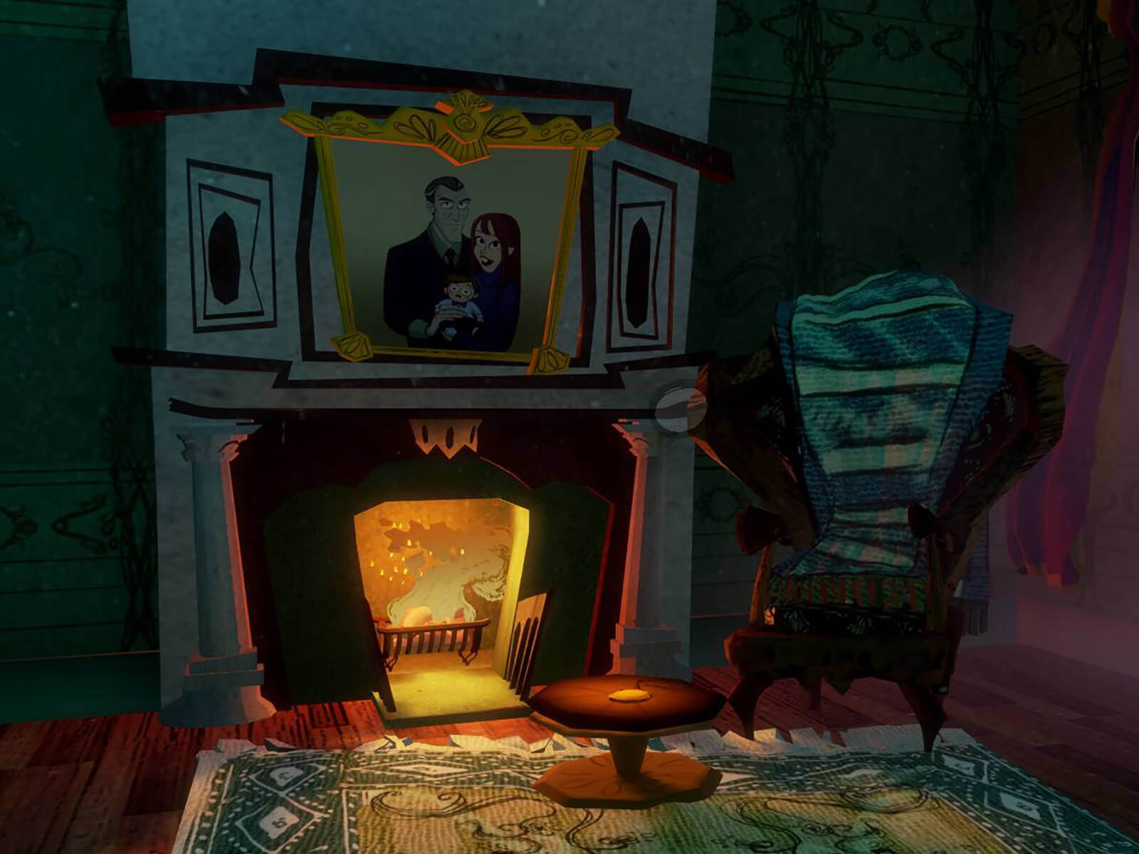 Screenshot from Penny Blue Finds a Clue featuring a darkened room with a family portrait above a fireplace and a wing chair beside it