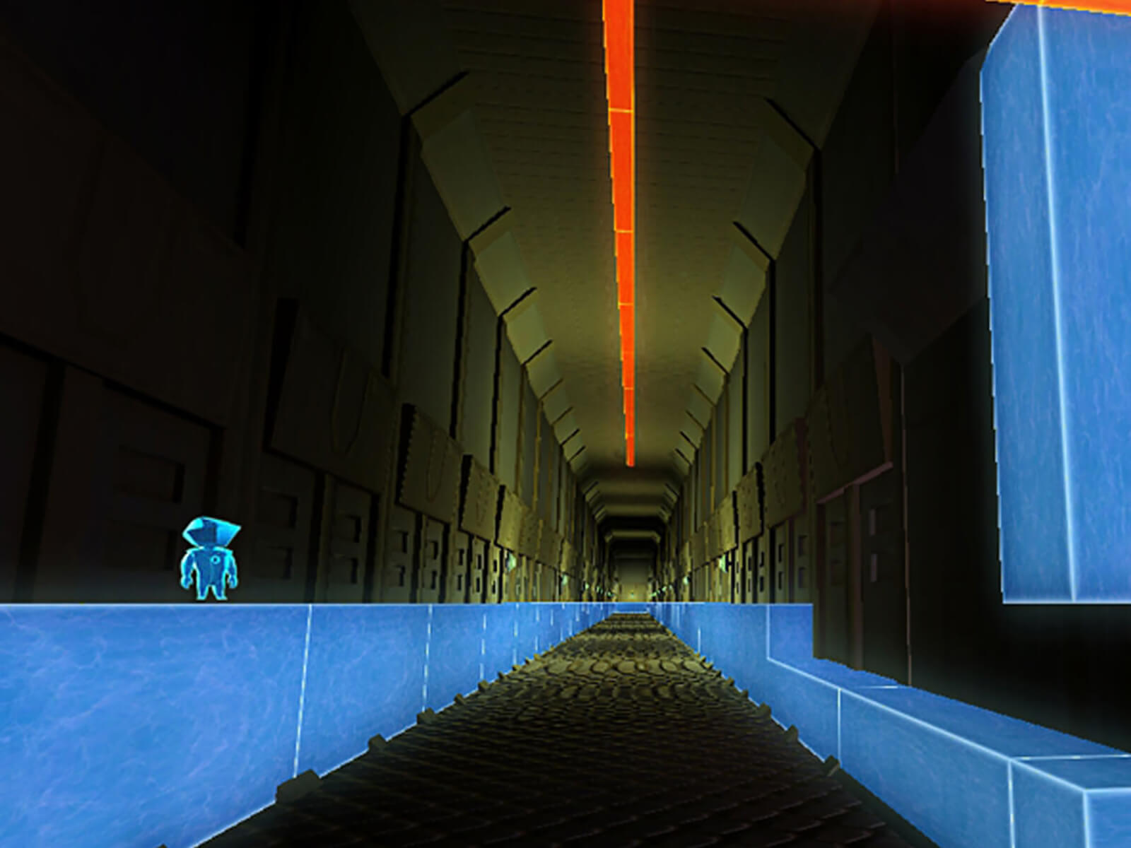 The player's avatar stands atop blue blocks running the length of a long metallic hallway