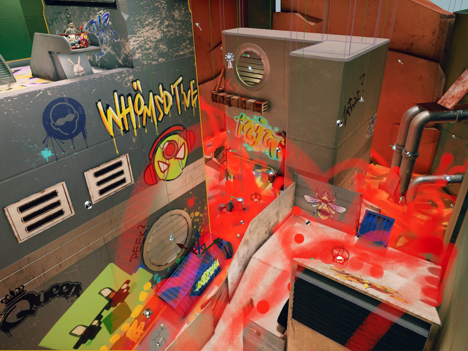 In-game screenshot of rusty, silver buildings splashed with colorful graffiti.