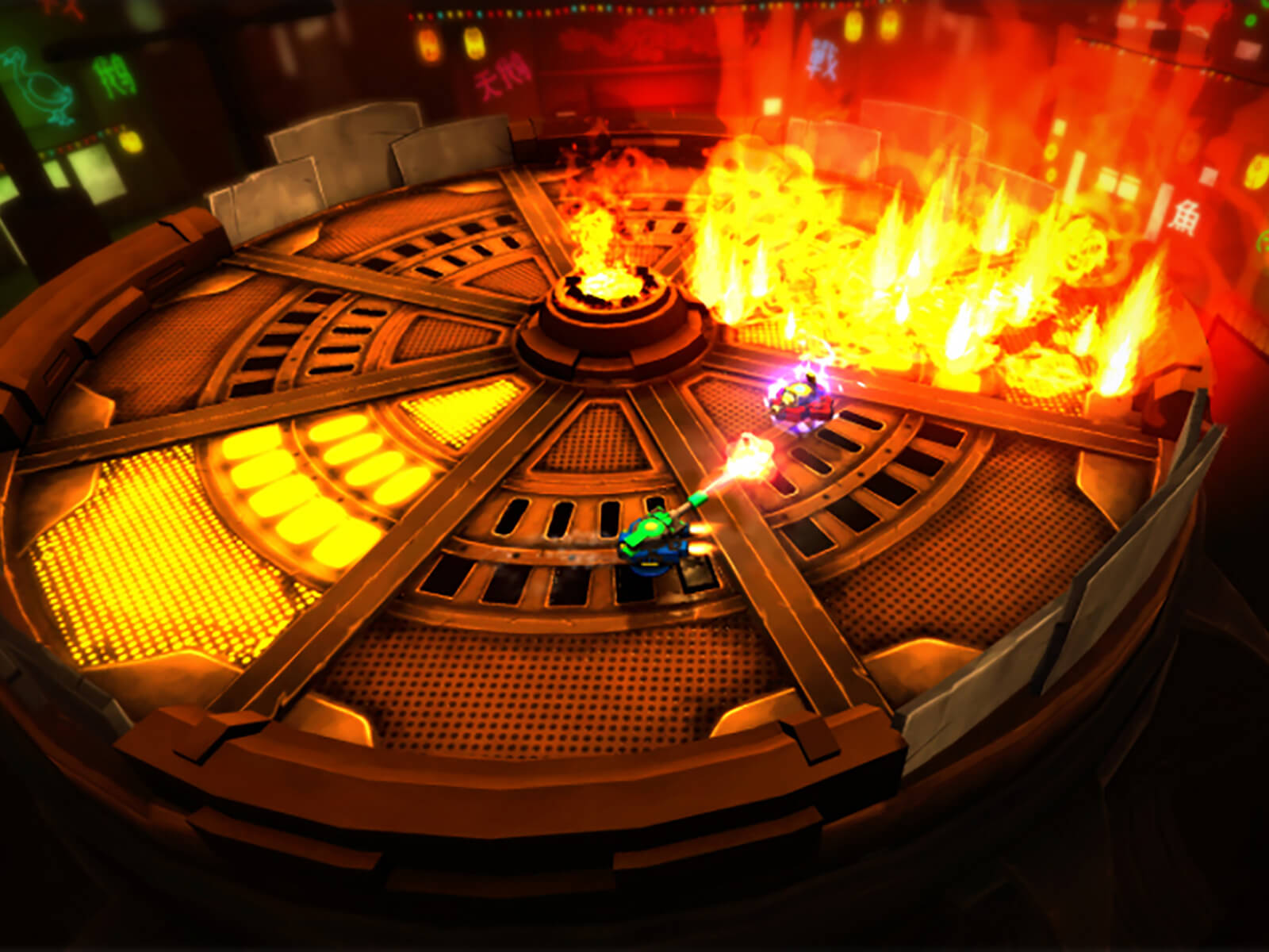 Screenshot of student game Wingman in which two hoverships battle in a circular arena where the floor is bursting in flames. 