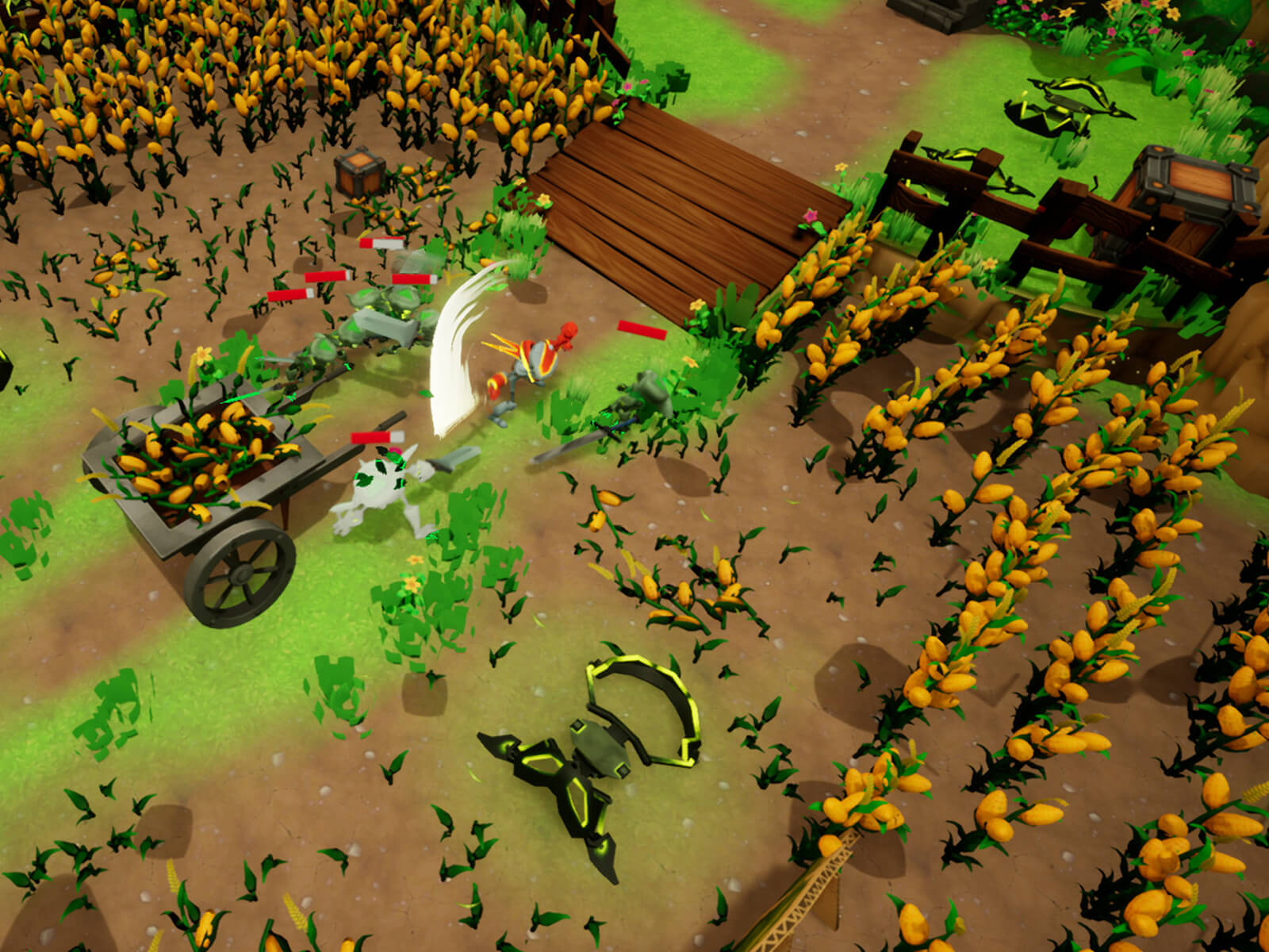 Excalibots screenshot: Robot knight swings sword at cluster of enemy goblins in a field of flowers