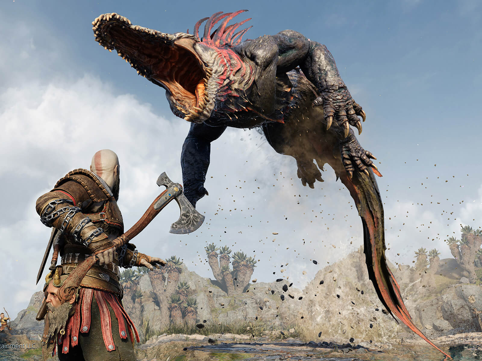 Kratos readies his axe as an enemy beast attacks him