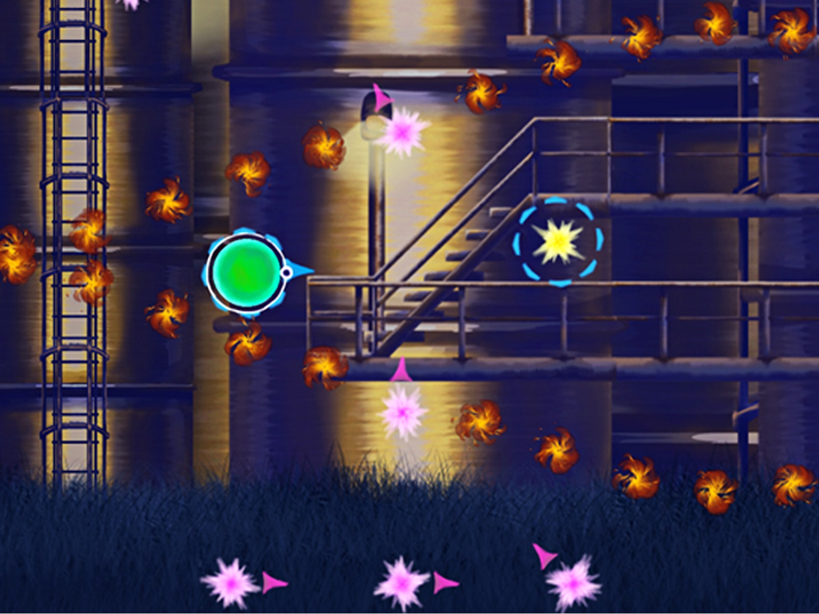 Screenshot from DigiPen student game Flickers of a sphere traveling through a darkened landscape