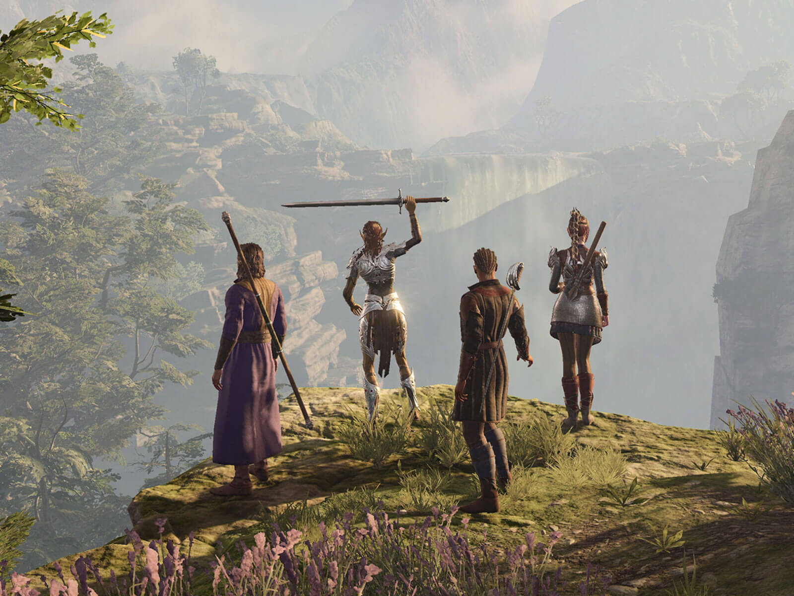 Baldur’s Gate 3 screenshot of a four-character party standing at the edge of a scenic ravine.