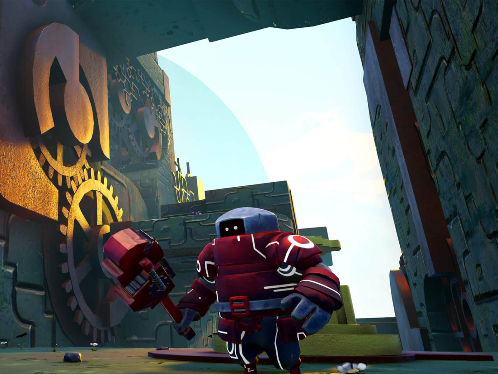 A red robot wielding a wrench in a clockwork machine