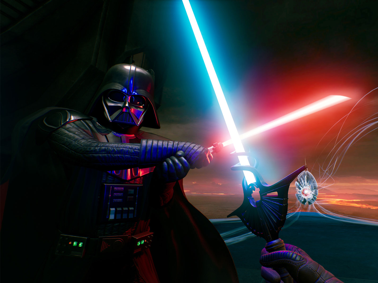 Darth Vader and the VR player clash lightsabers in a screenshot from Episode III of Star Wars: Vader Immortal.