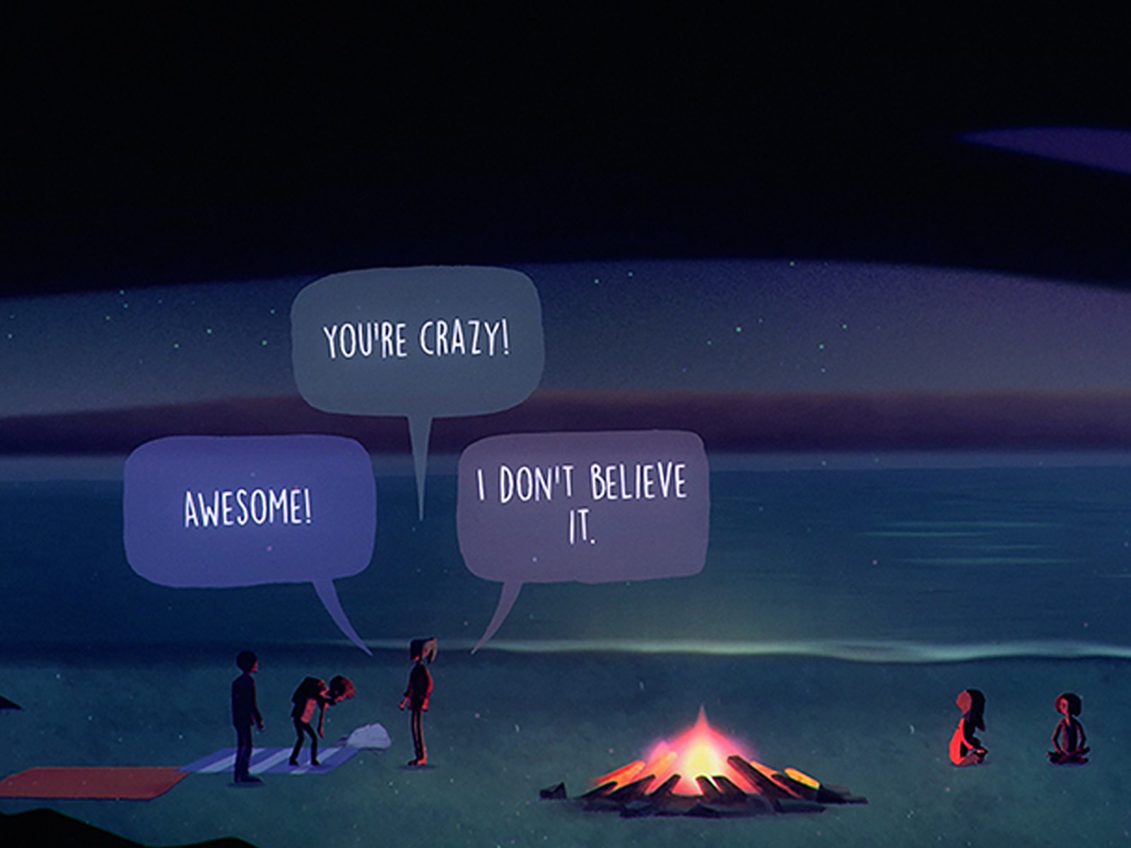 Screenshot from Oxenfree of teenaged characters saying "Awesome!", "You're crazy!", "I don't believe it." at a campfire by a lake