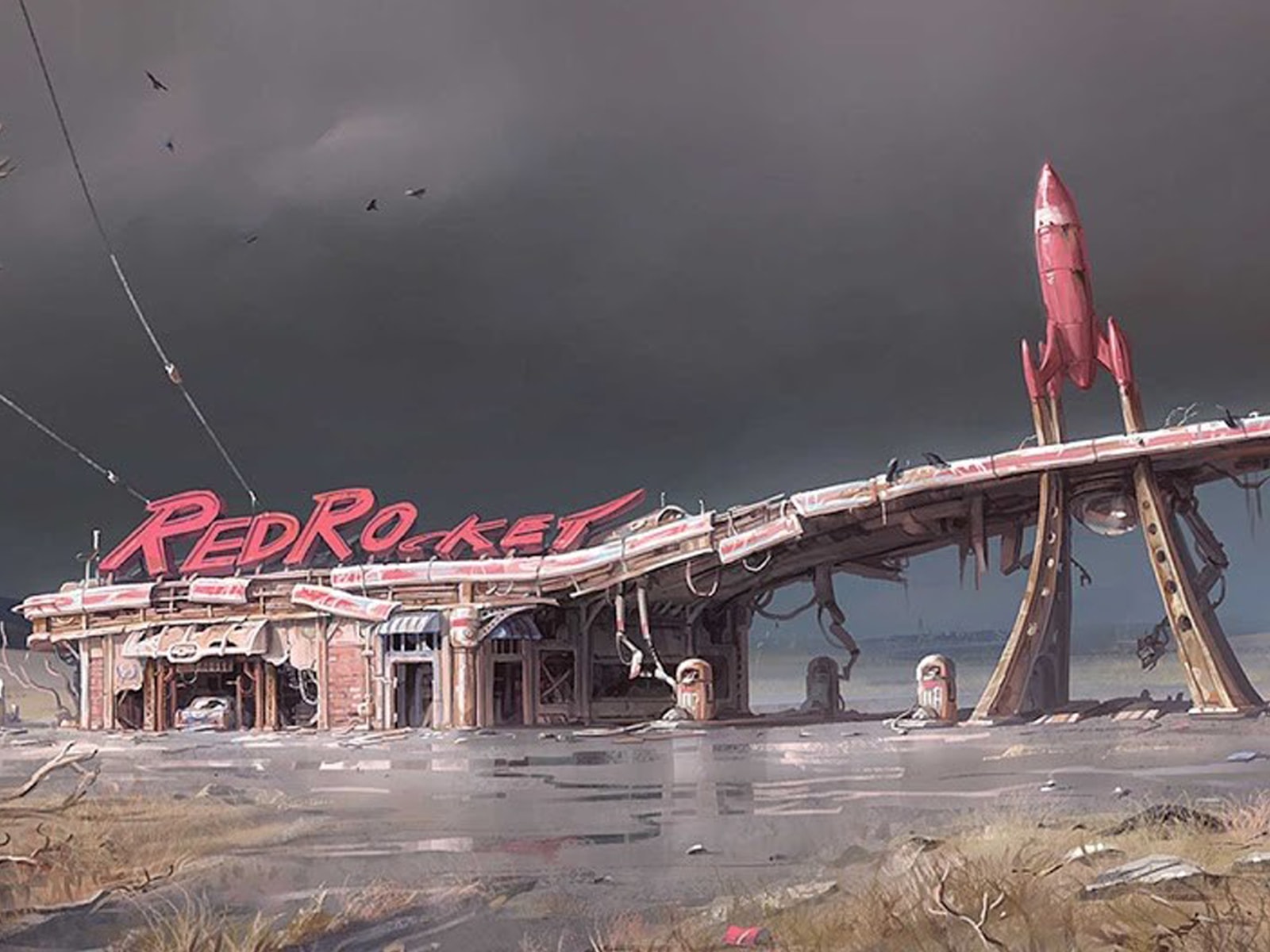 Illustration of the Red Rocket gas station in the post-apocalyptic wasteland of Fallout 4 by DigiPen grad Ilya Nazarov